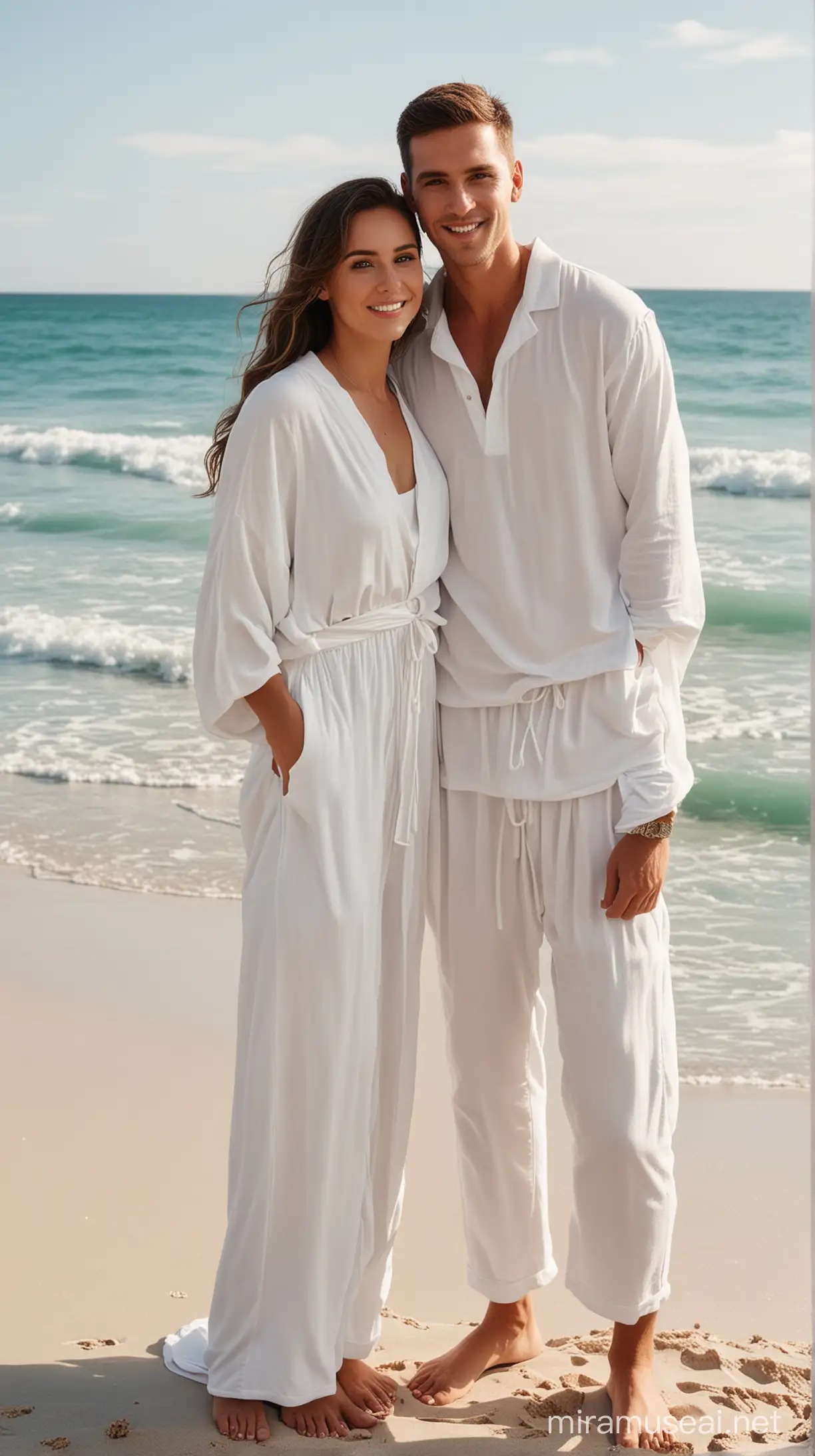 WEDDING COUPLE. WEARING WHITE COMFY BEACH ATTIRE.  FACING THE CAMERA.