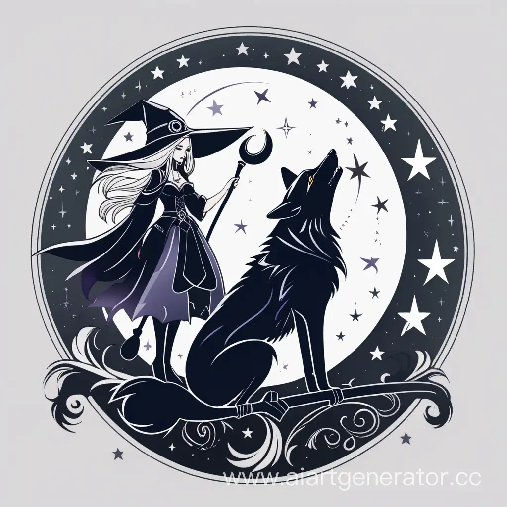 logo Stars moon wolf and a nice witch
