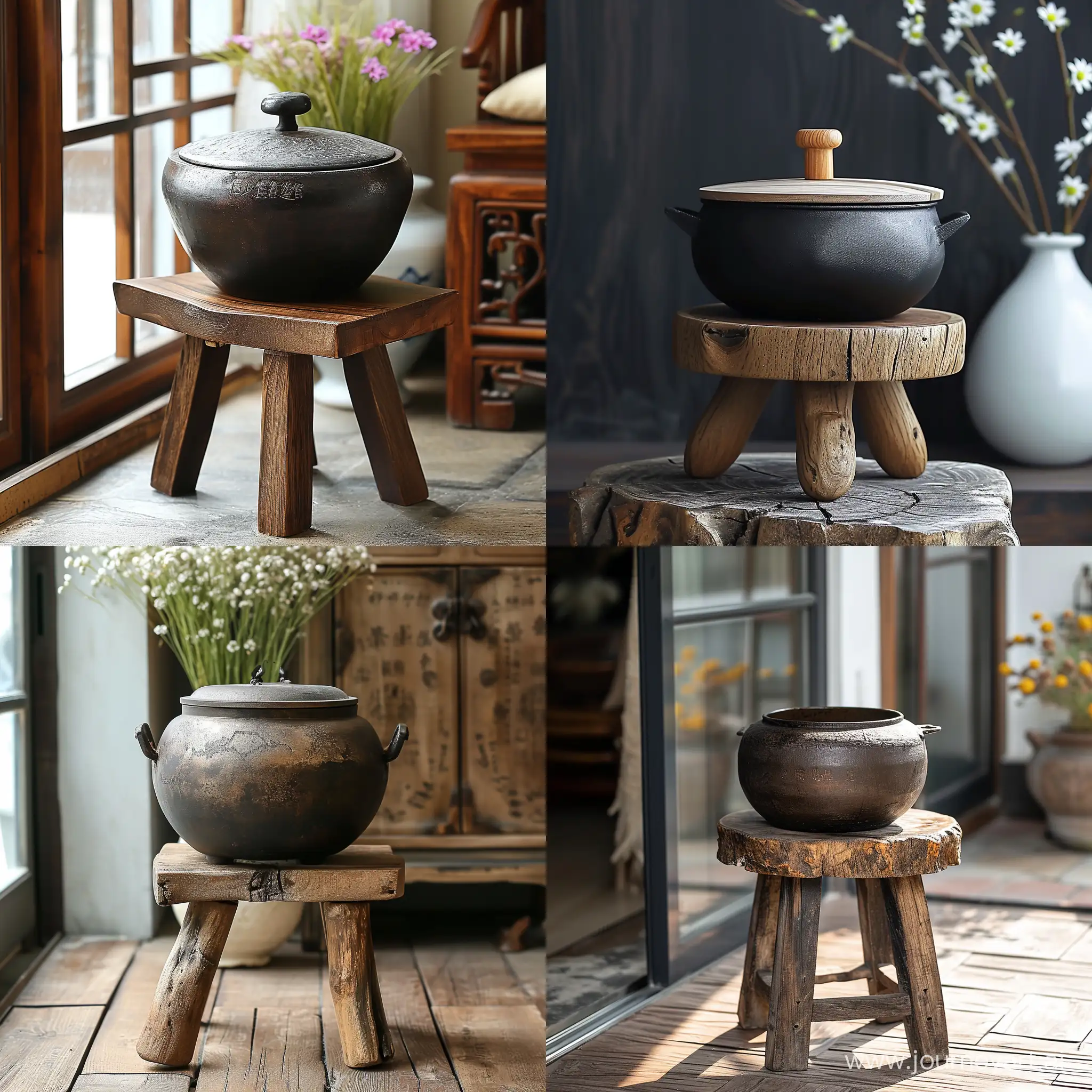 Northeast-Wind-Cooking-Traditional-Stew-in-a-Wooden-Stool-Iron-Pot