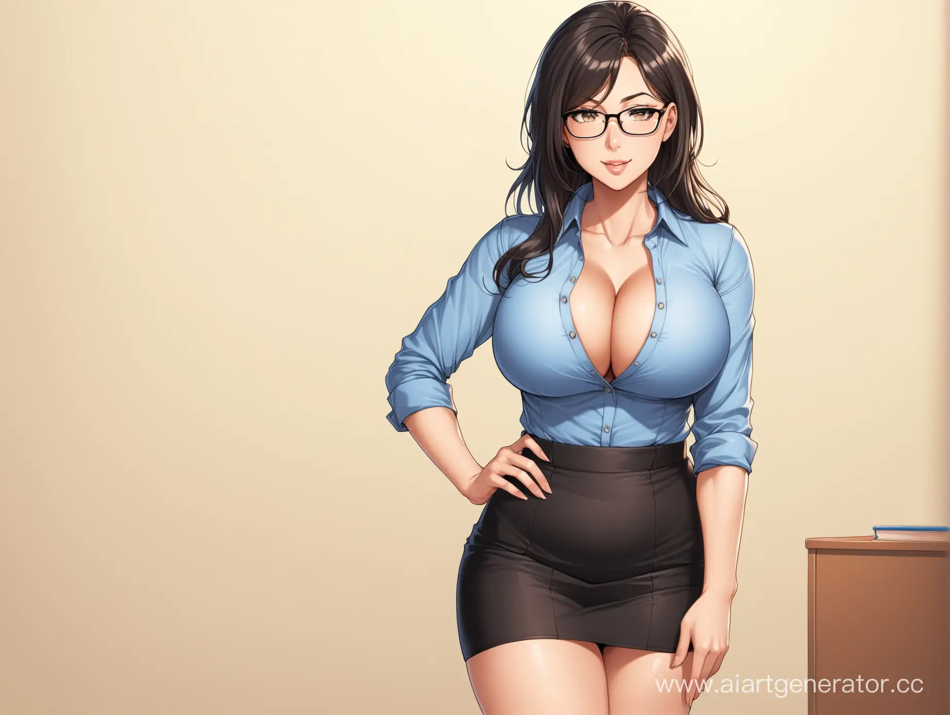 Сексуальная милфа. Короткая облегающая чёрная юбка и распахнутая рубашка. У неё большая грудь. И на ней одеты очки. Потомучто она учитель. 