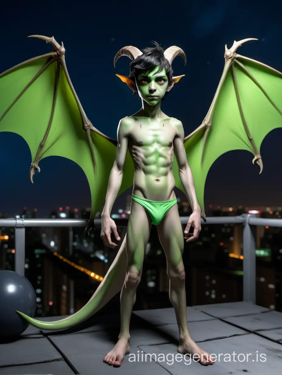 A 14 years boy with light-green skin. He is skinny. He has large light-green bat-like Wings on his Back. He has a Tail. He has dark Hair. He has a boyish face and looks about 14 years old. He wears a Speedo, becaus he has a big package. He has Claws on his hands and claws on his feets. On his forehead two small goat-like horns. Its a night scene on a rooftop. He has a stooped posture. Show the entire boy in a long shot.