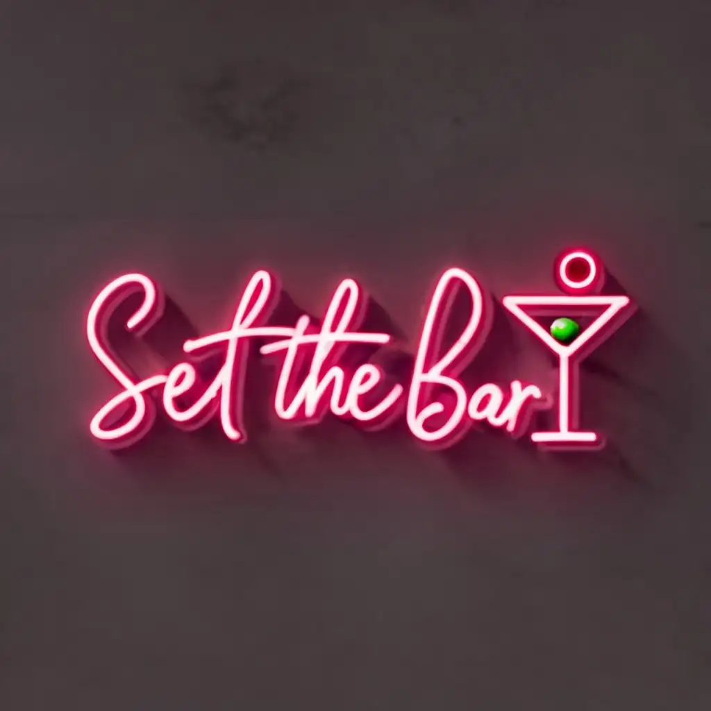 logo, neon sign-like logo for a bartending show, spelling out the name "Set the Bar" in pink with a martini glass with a cherry in it on the right side of the words "set the" should be in cursive with the "BAR" in all caps on the second line, with the text "Set the Bar", typography