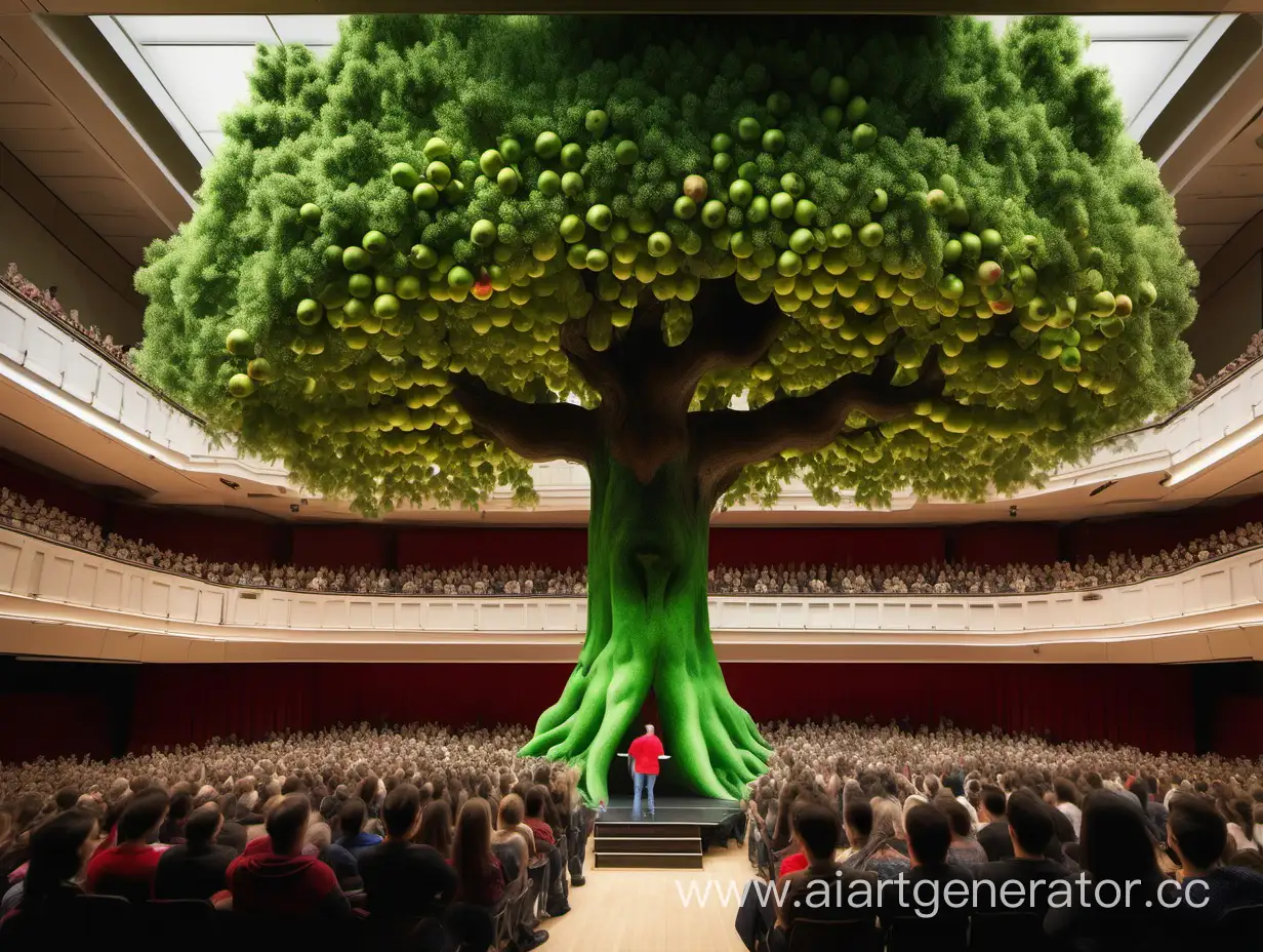 Концертный зал набит зрителями, на сцене растет большое зеленое дерево с яблоками