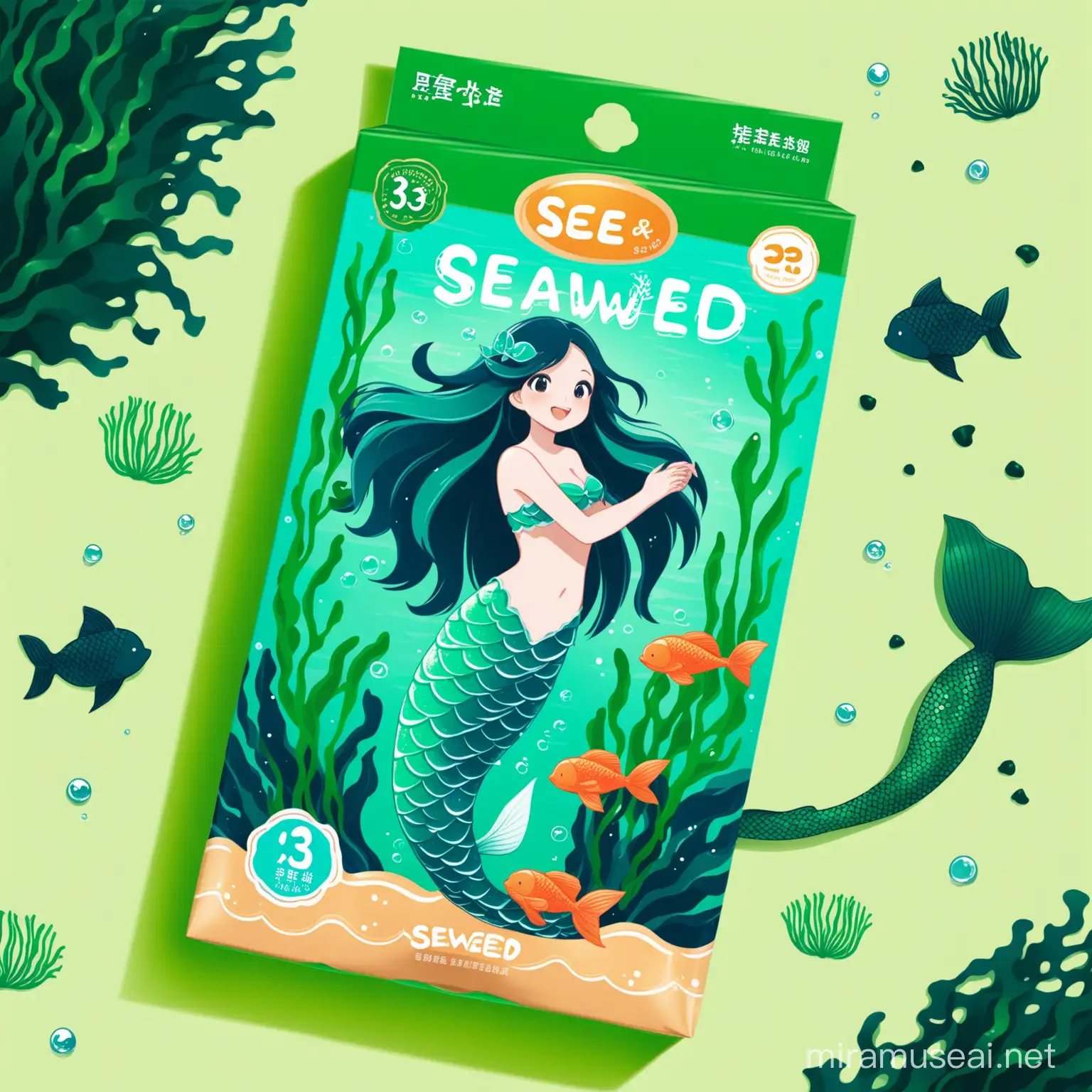 Food Packaging Design with Seaweed and Mermaid Accents
