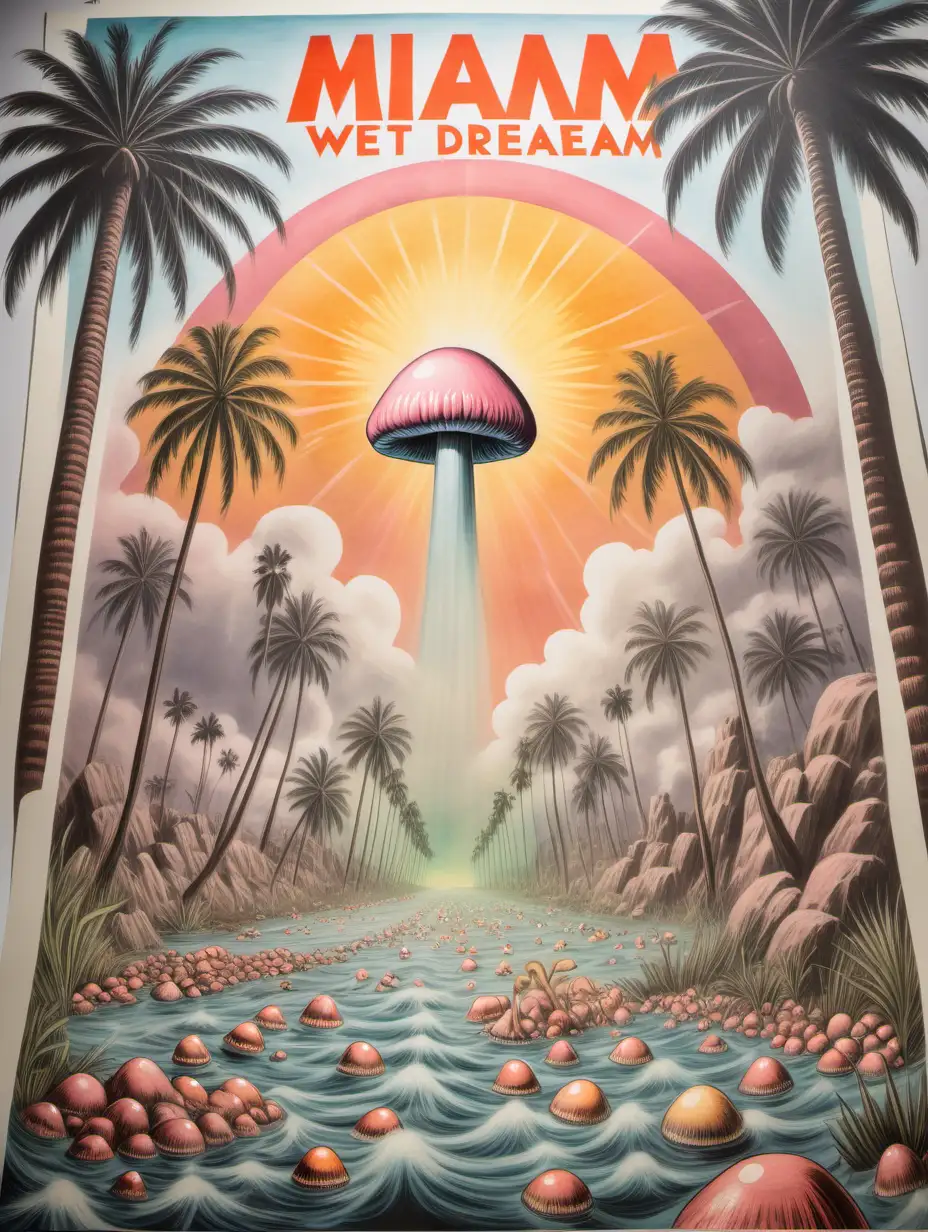 prehistoric hand painted protest poster, 1860 look, flooded sunset boulevard with palm trees vignette, the transparent text reads "MIAMI WET DREAM", watery, lens flare, floating nude protesters , muted pastel colors, soft atomic mushroom clouds in the distance.