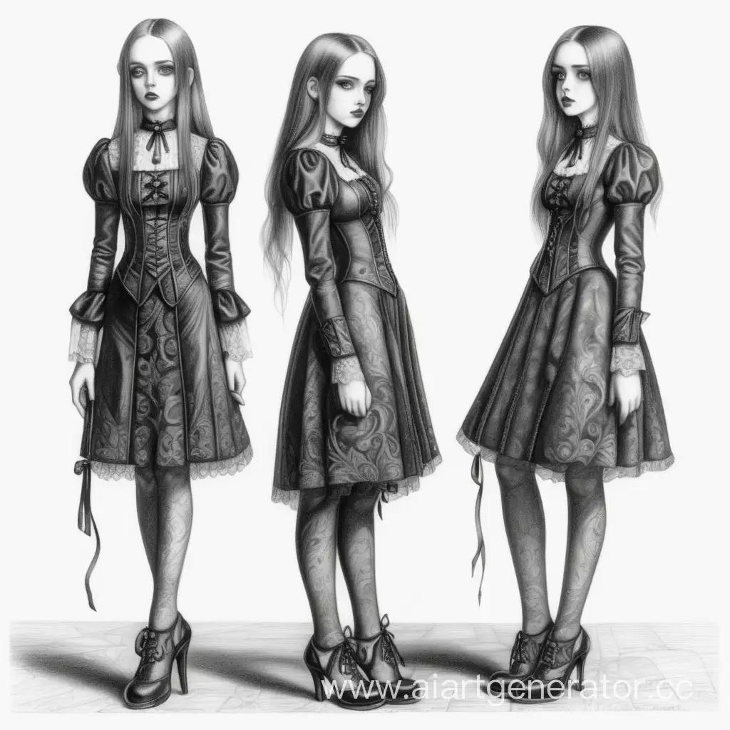 Elegant-Gothic-Style-Portrait-Pencil-Drawing-of-a-Girl-in-Beautiful-Shoes