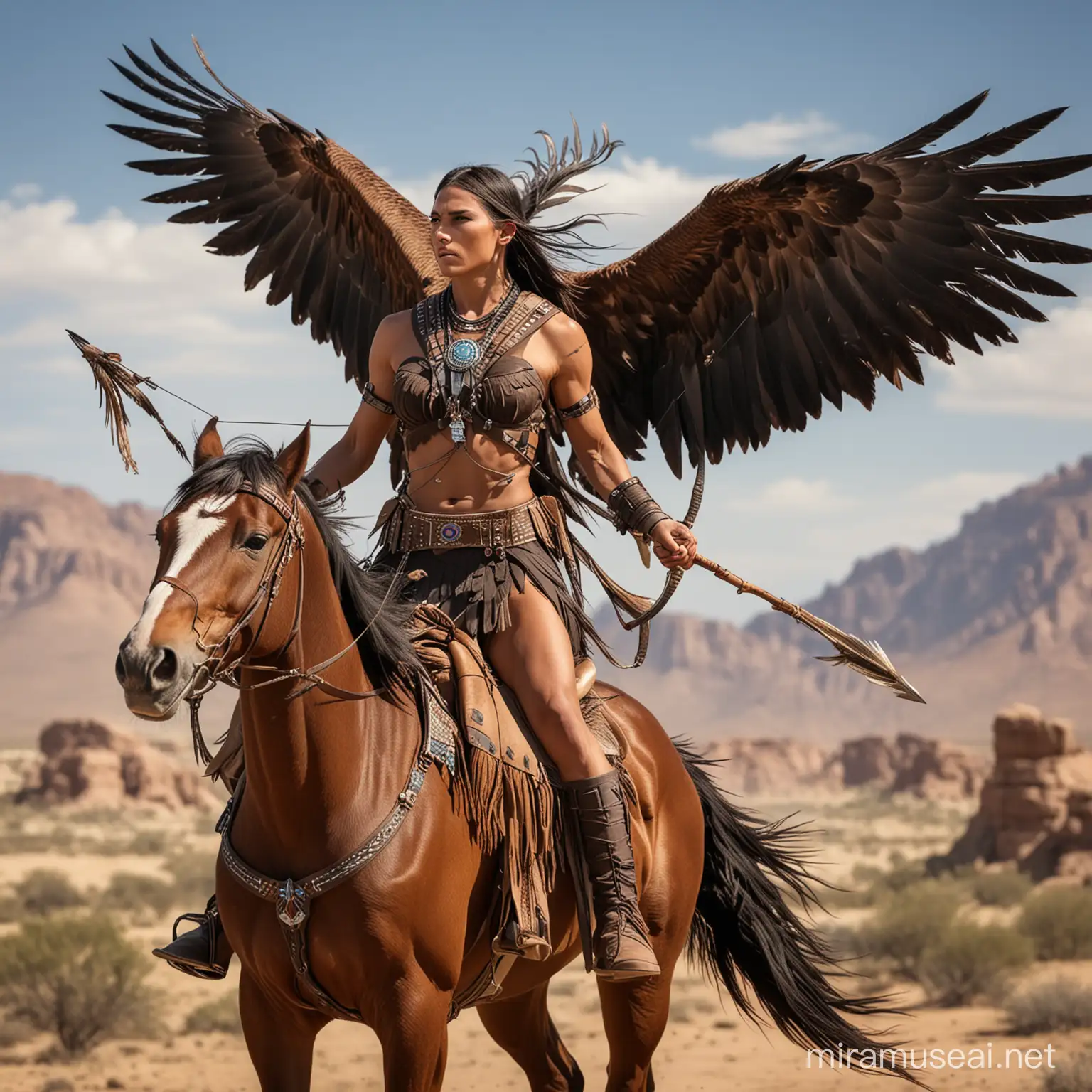 Apache Warrior on Horseback with Wings and Bald Eagle in Desert