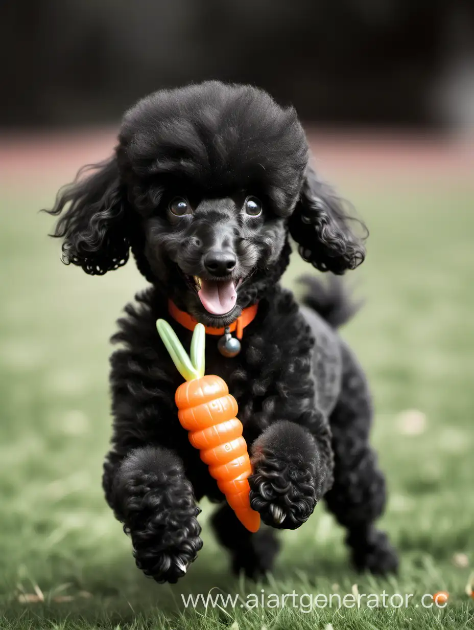 black small poodle playing with toy plastic carrot and very happy