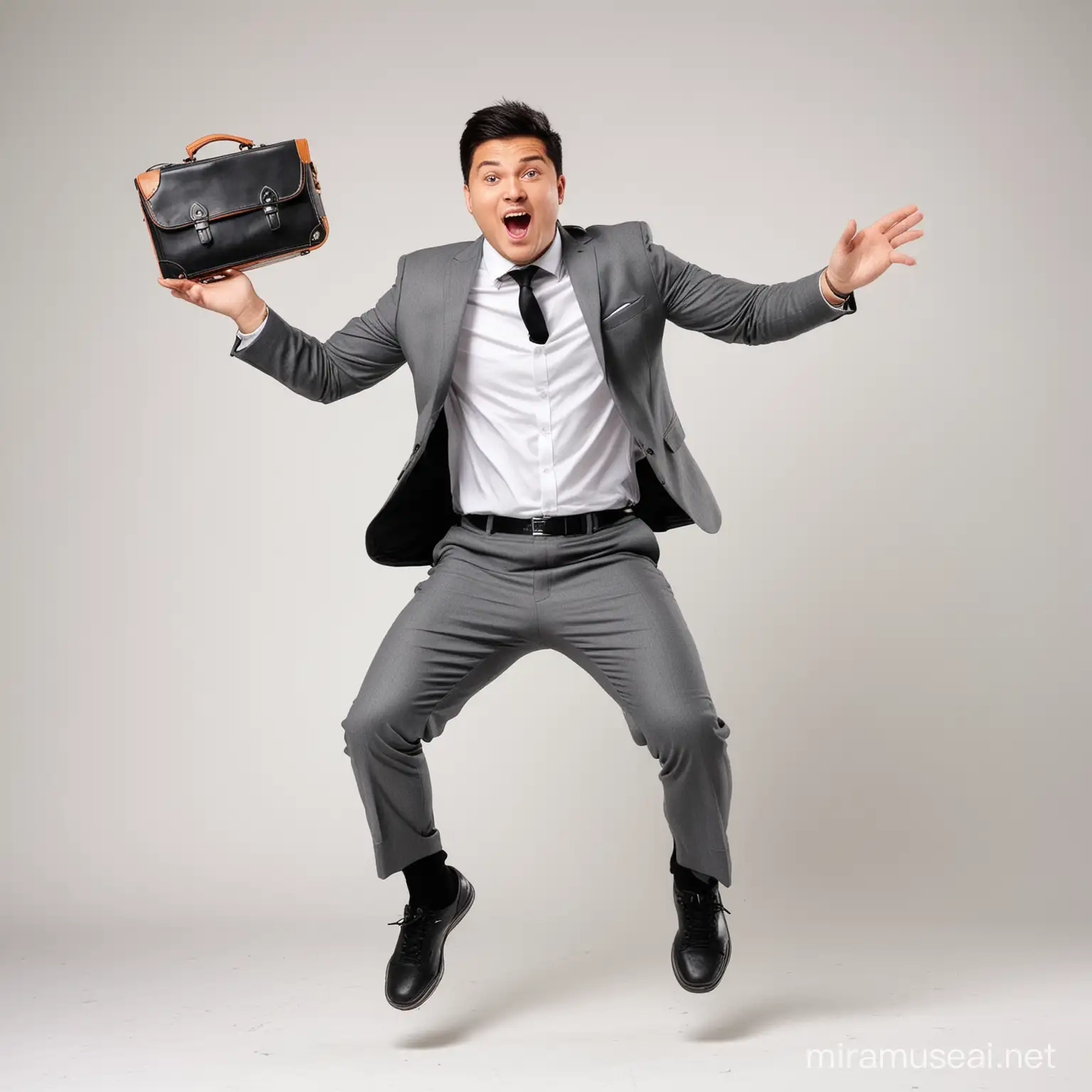 a man fun chubby face,tubuh pendek,short hair and black hair,caucasian man jumping 
with small orange briefcase in his hand, he has a suit and black sport shoes on white background