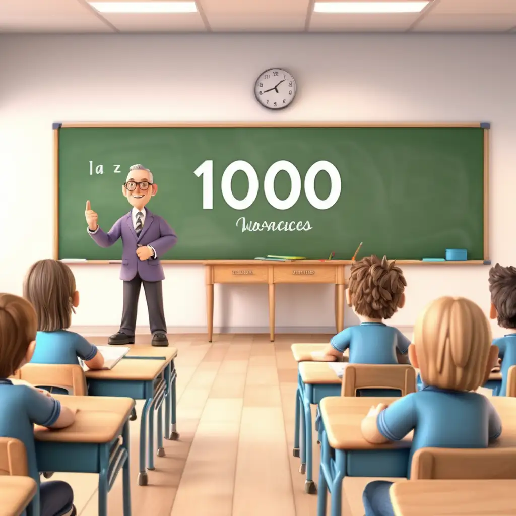Educational Scene Classroom with Students and Teacher Writing Number 10000 on Board