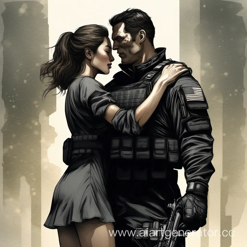 Высокий и сильный мужчина в чёрной бронированной форме спецслужбы крепко обнимает женщину в лёгком платье. Стоят боком