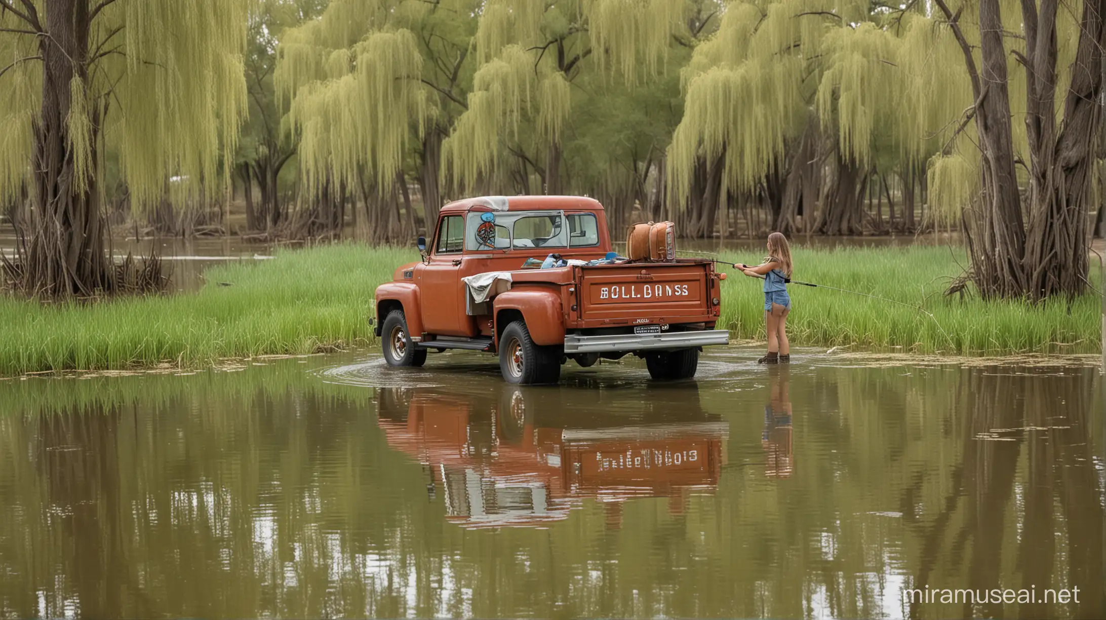 a beautiful girl fishing in a pond in southern indiana, there are weeping willow trees, and a c10 truck with bloodhounds in the back.