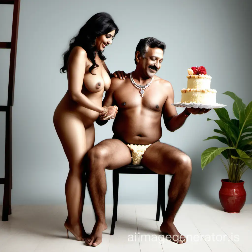 Generate full body view image of a 40 year old curvy naked indian woman serving cake to her 50 year old male boyfriend  seating on a dining chair . she is wearing wedding jewellery