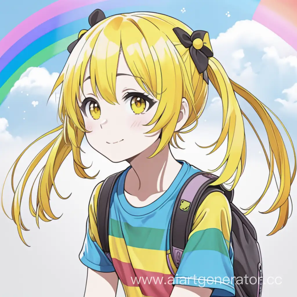 девочка аниме, желтые волосы , радужная

футболка
