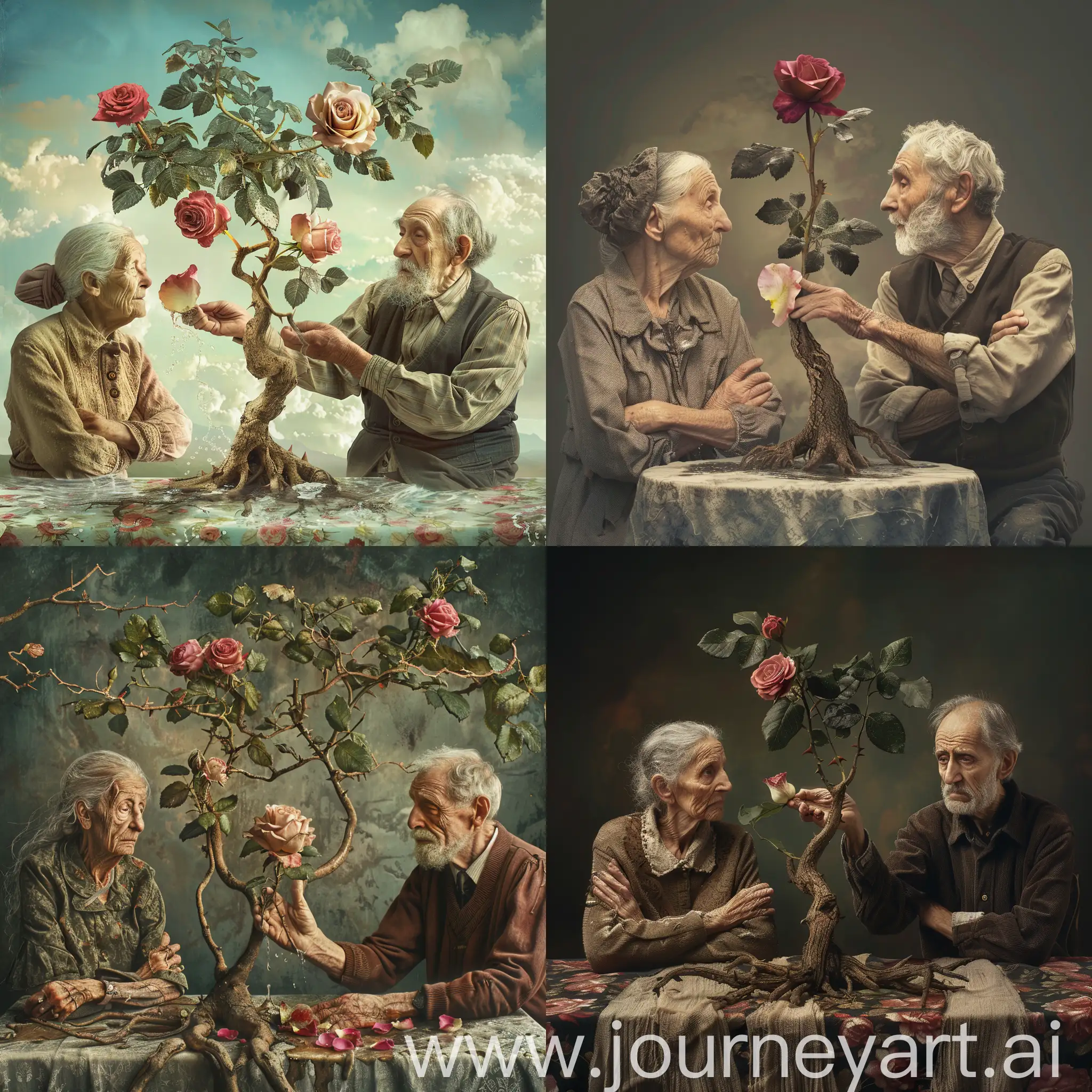 The reason why the picture will be of an old woman and an old man sitting with their arms crossed to examine each other and with a wilted rose in front of the woman. In the middle of the picture will be a man handing a rose to a woman, and the picture may make the woman old. and an old man helping reduce the water on a rose tree