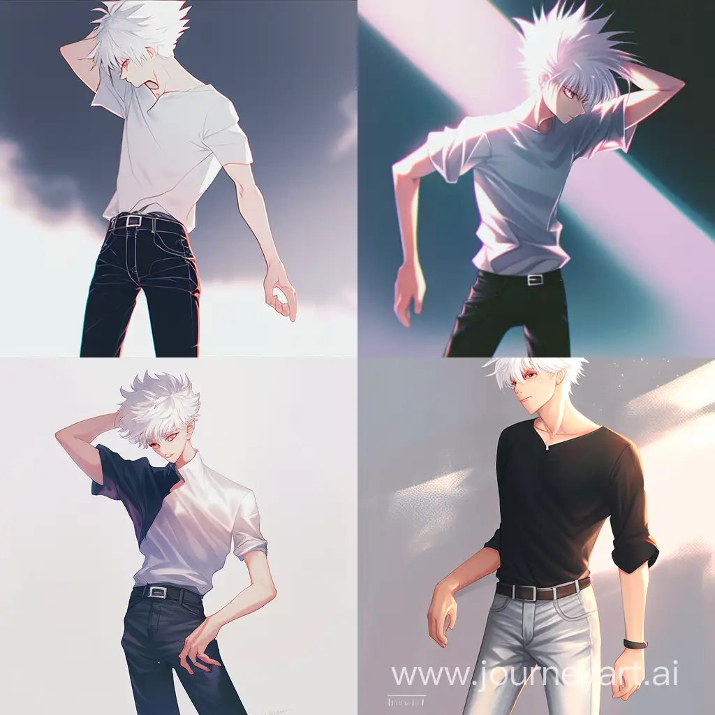 Make a image of a anime light skinned 21 year old boy, slim waist, neck, slim legs, visible veins in his hands, visible collarbone, slim nose, white shirt black jeans, white hair wolfcut