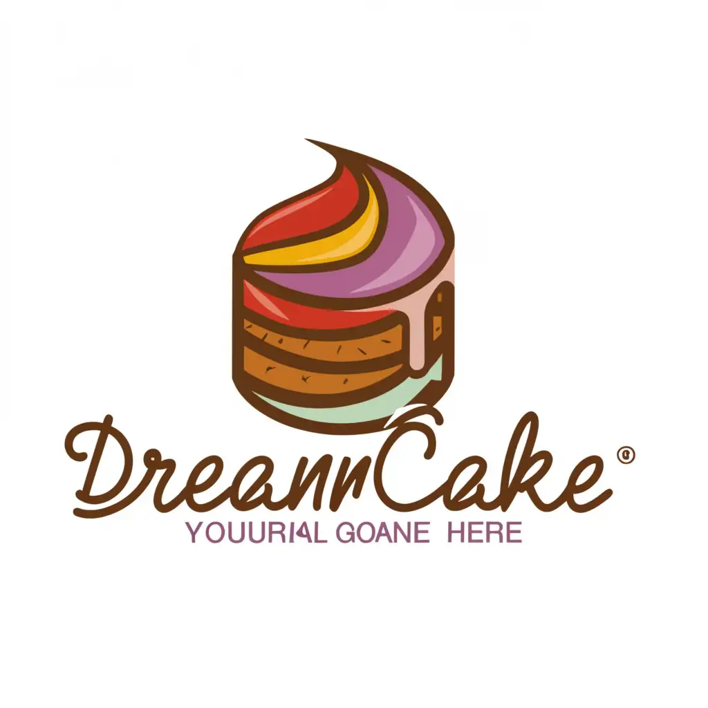 a logo design,with the text "Dreamcake", main symbol:The appearance of DreamCakes is a small round dessert topped with a lickable glaze. The color of the glaze varies, from pastel colors to bolder colors, depending on the taste and theme of each cake.

Upon slicing each piece of DreamCakes, you will see unique layers of different flavors and textures. It could be a layer of soft pandan dessert, accompanied by creamy custard filling, and a little salty caramel on top. Every bite is an experience of 'as if you are in heaven' due to the unique taste of flavors,Moderate,clear background