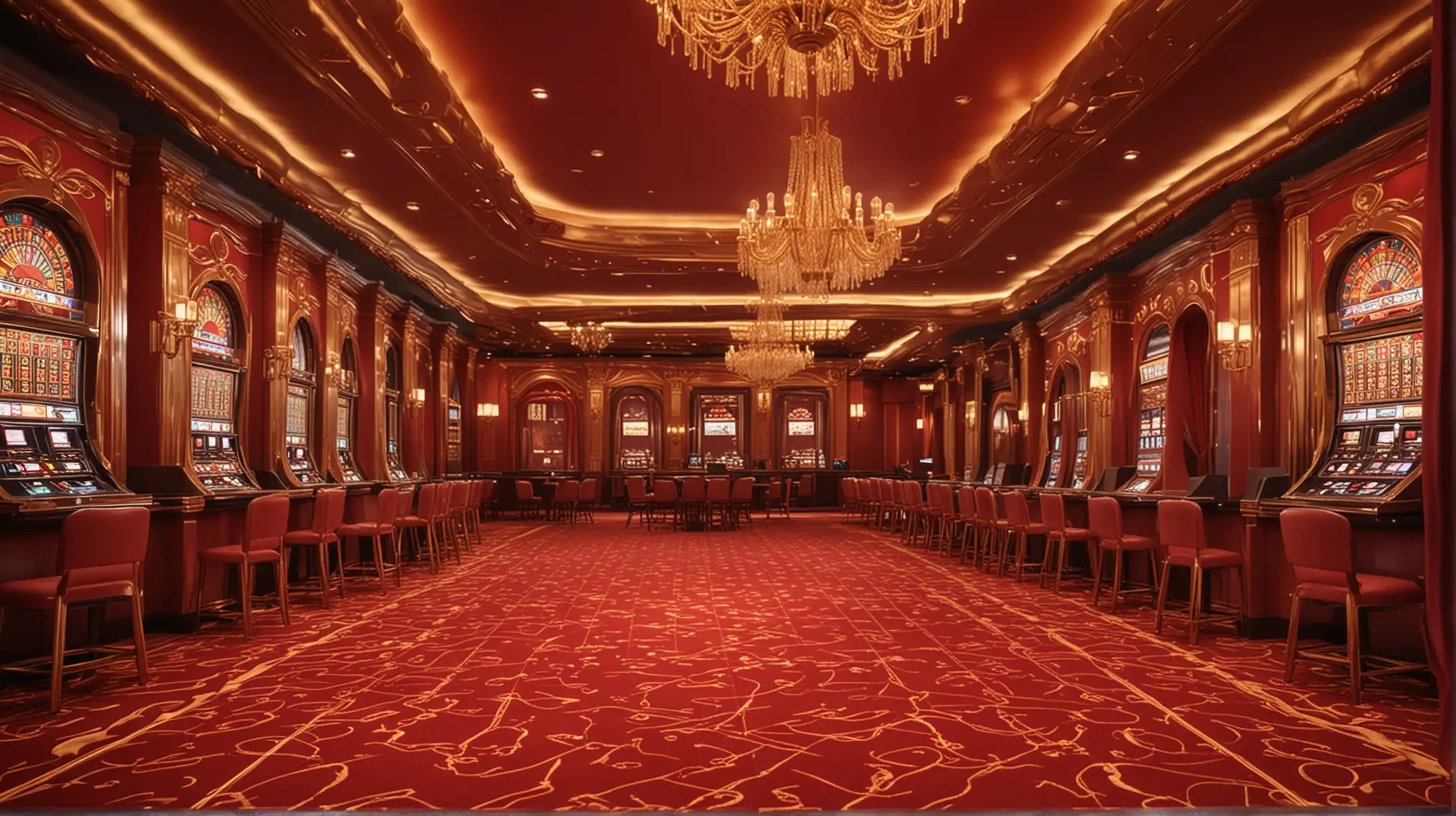 赌场室内设计红金色调，有氛围感的背景，有特效，亮红的色调，逼真，4k高清，

