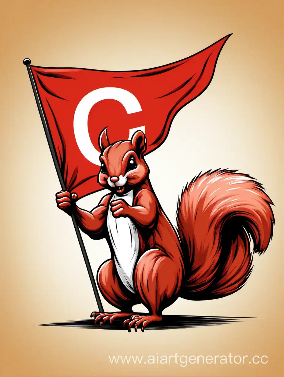 squirrel's fist clutches a red flag with the letter C on the background
