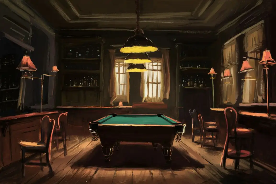 Generate a digital painting inspired by Edward Hopper's style, depicting the interior of a quiet gentleman's den devoid of any people. Emulate Hopper's mastery of light and shadow to convey a sense of solitude and nostalgia within this cozy yet uninhabited space. Pay special attention to the composition, ensuring that it effectively communicates the stillness and potential narratives within the scene, such as empty chairs, unlit lamps, a pool table, and the presence of the bartender's absence. This painting should capture the essence of Hopper's ability to evoke a sense of introspection and the passage of time through his use of light and setting.