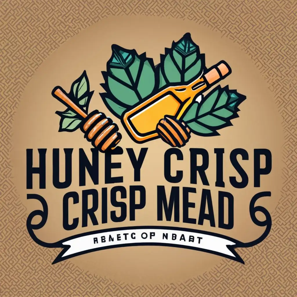 logo, An apple, honey, and mead bottle, with the text "Honey Crisp Mead", typography