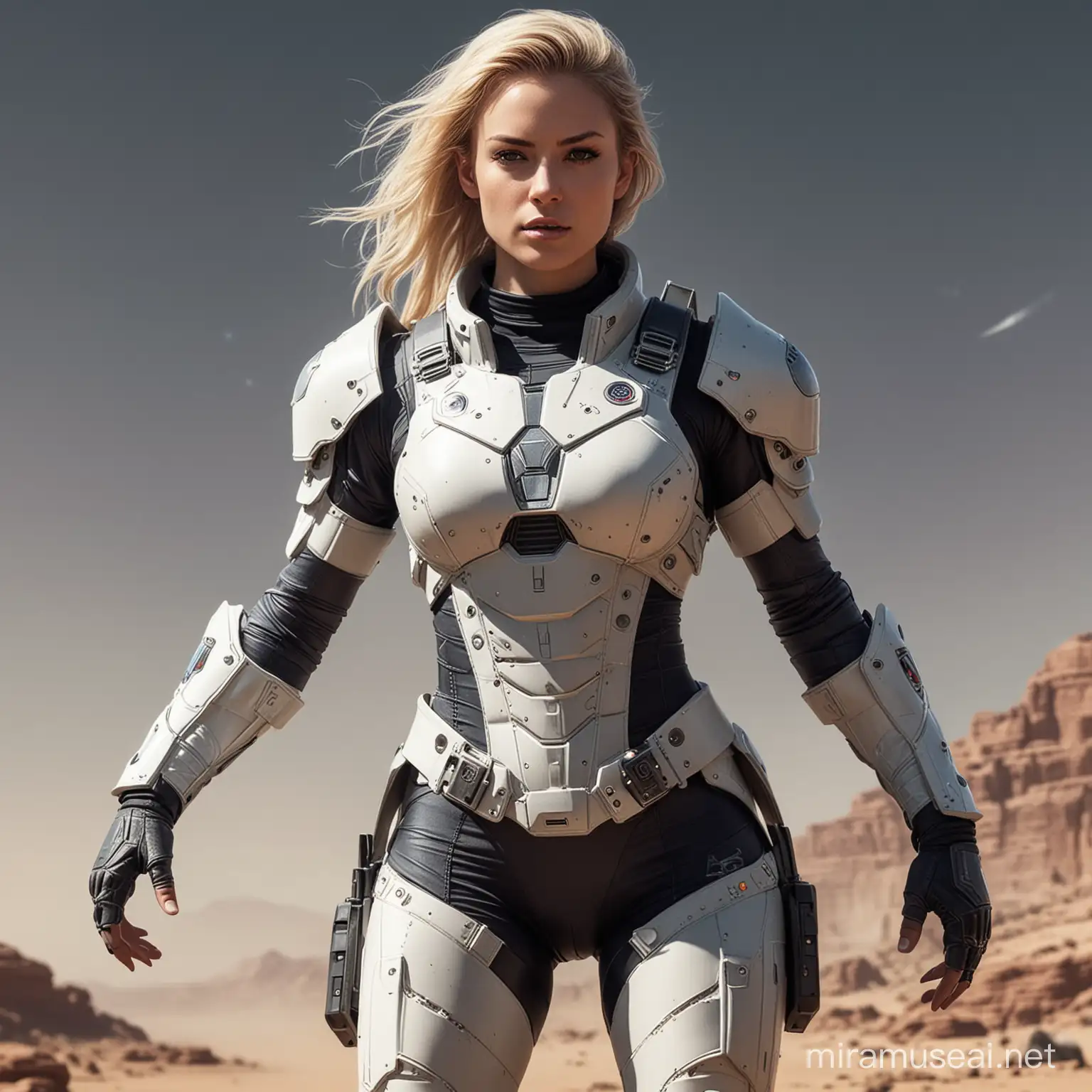 Fierce Female Space Ranger in Intense Battle Futuristic Armor and Heroic Stance