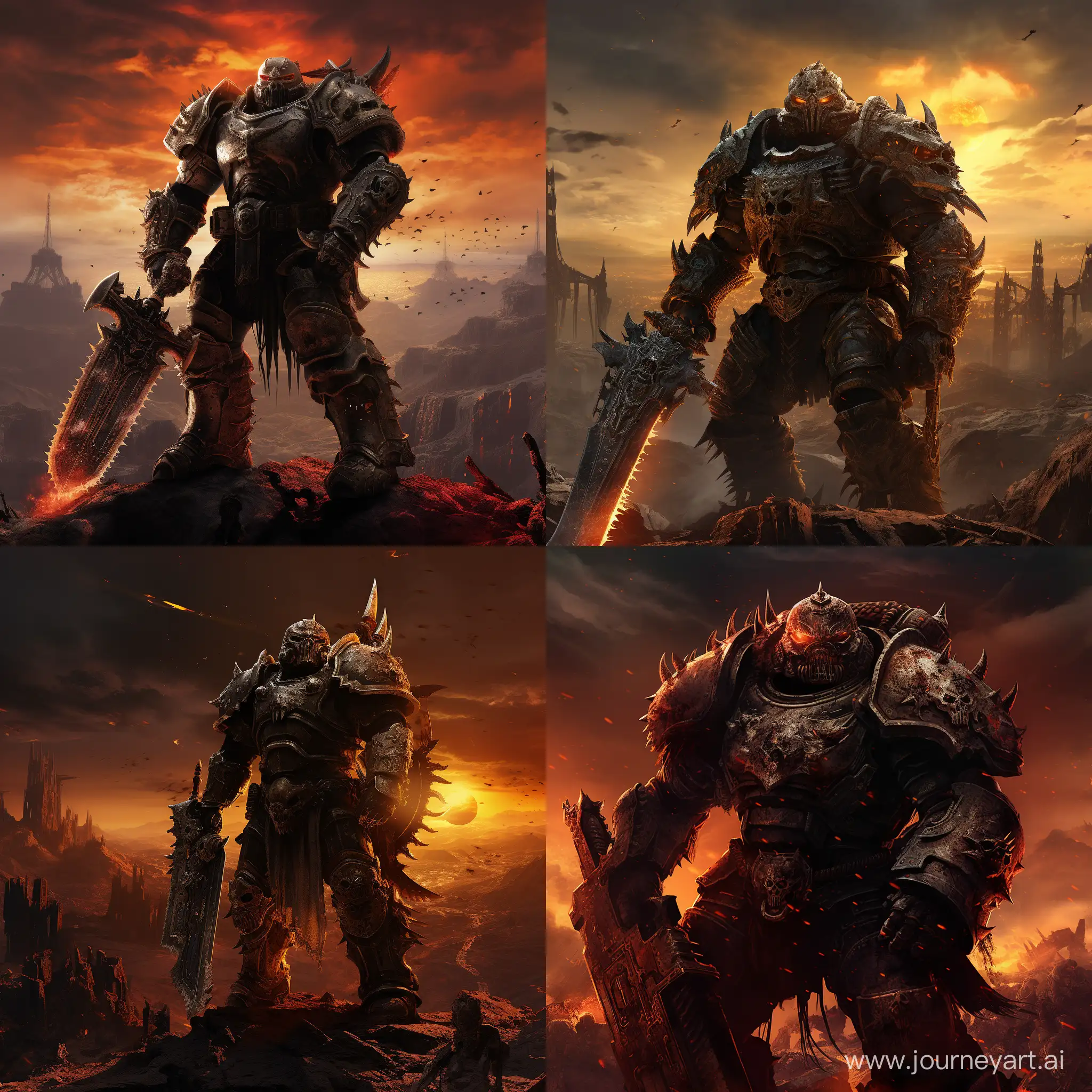 "Amidst the desolate ruins of a war-torn city on a distant planet, a towering Space Marine clad in ornate, battle-worn power armor raises a relic blade high above his head. The sky is ablaze with the eerie glow of distant explosions, casting long shadows across the broken landscape. Surrounding the Space Marine are the remnants of his squad, each warrior standing defiantly against the encroaching horde of grotesque alien creatures known as Tyranids. In the foreground, a twisted, mutated monstrosity emerges from the darkness, its acidic saliva dripping as it lunges towards the heroic defenders. The air is thick with tension and the stench of decay, encapsulating the grim and unyielding atmosphere of the 41st millennium."





