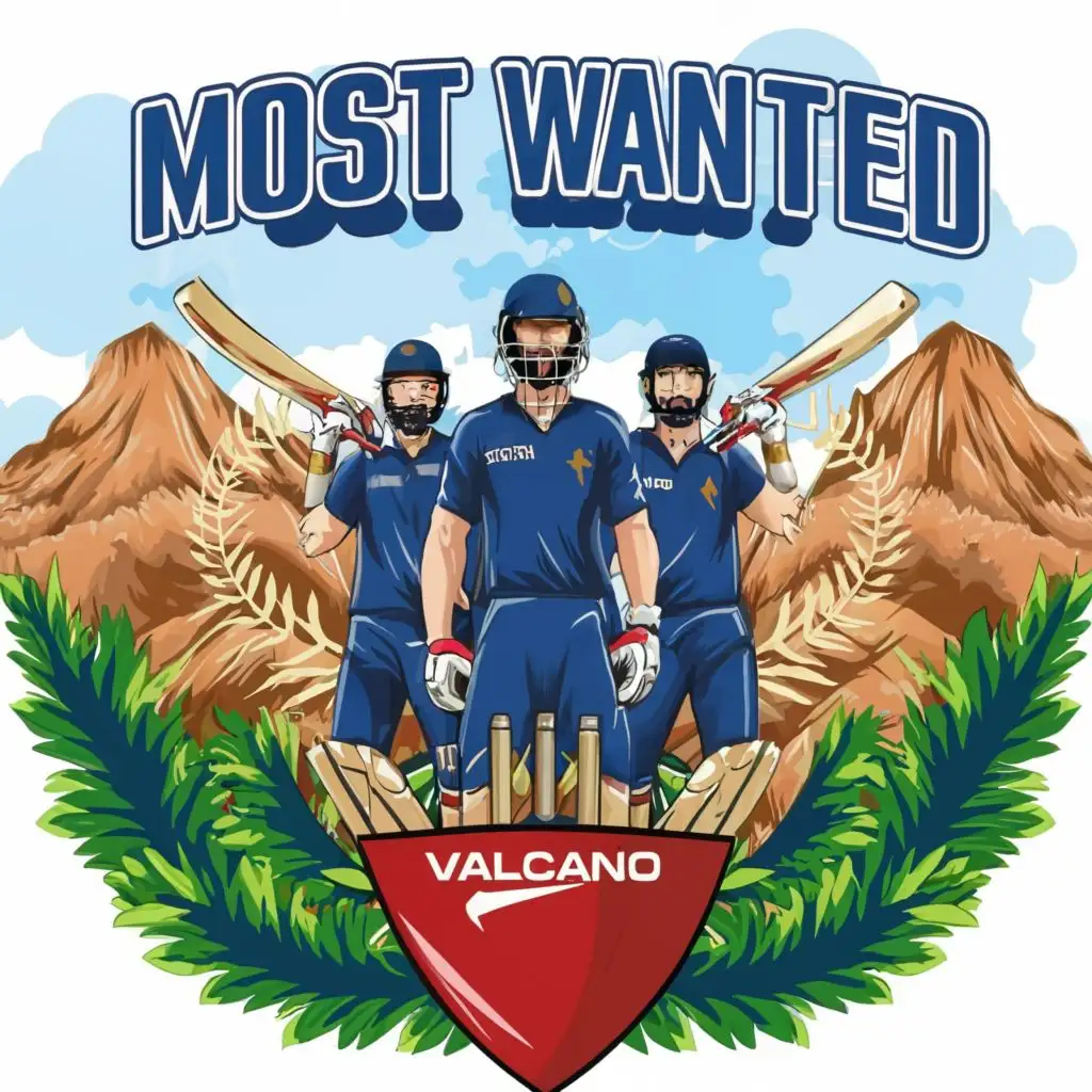 LOGO-Design-For-Most-Wanted-Cricket-Team-Dark-Blue-Jersey-Players-Against-Volcano-Backdrop