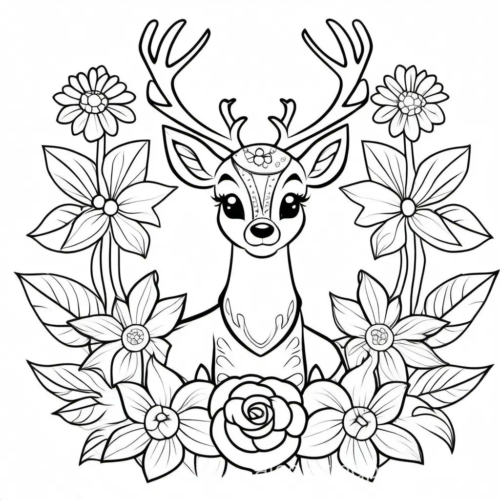 deer is holding a flower, Coloring Page, black and white, line art, white background, Simplicity, Ample White Space. The background of the coloring page is plain white to make it easy for young children to color within the lines. The outlines of all the subjects are easy to distinguish, making it simple for kids to color without too much difficulty