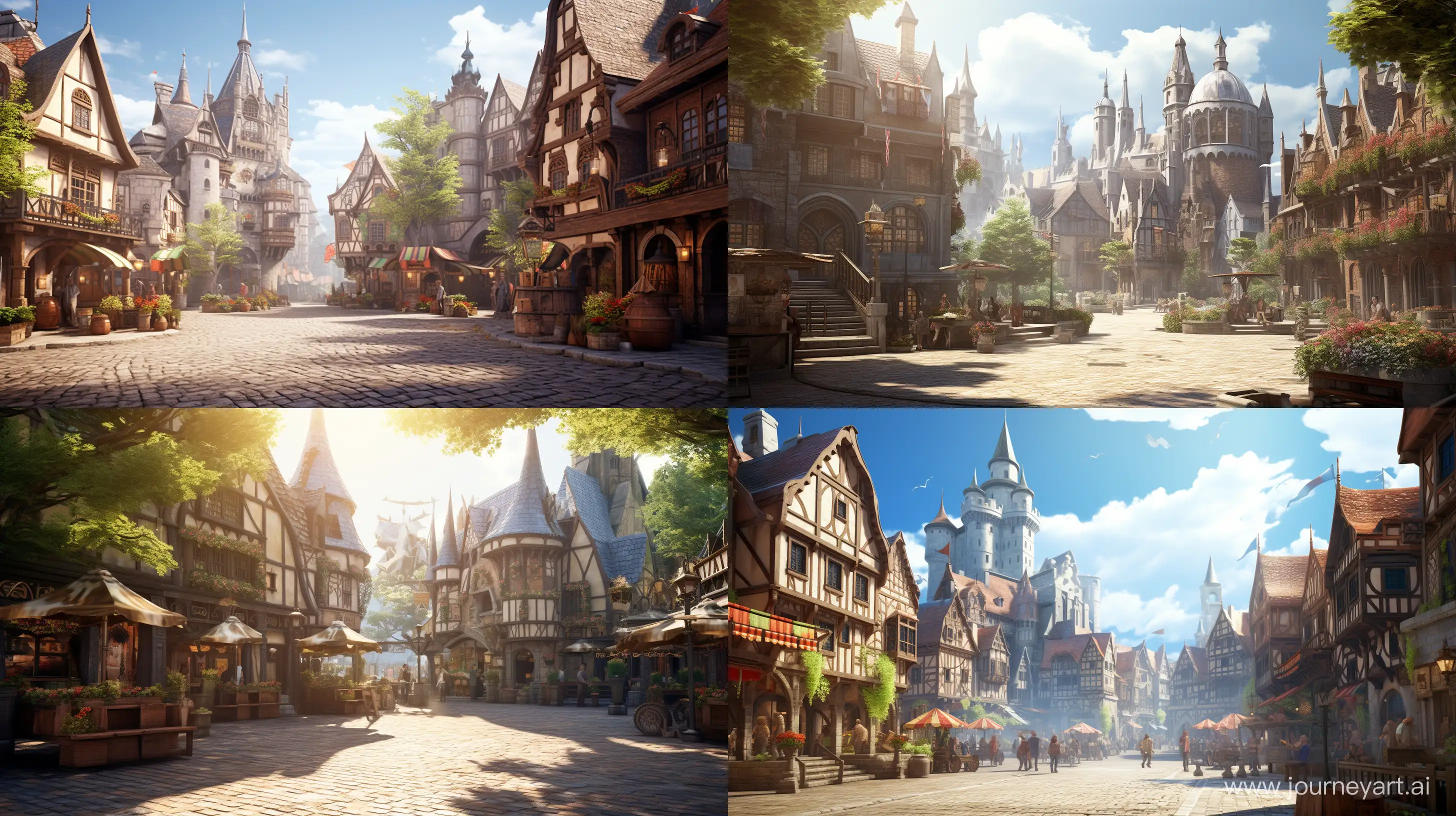  A bustling medieval town square with vibrant cobblestone streets, lively market stalls, and townspeople engaged in daily activities. The sunlight bathes the scene in a warm glow, creating a lively and inviting atmosphere. Photography, realistic style with a 50mm lens, capturing the details of the market and people, --ar 16:9