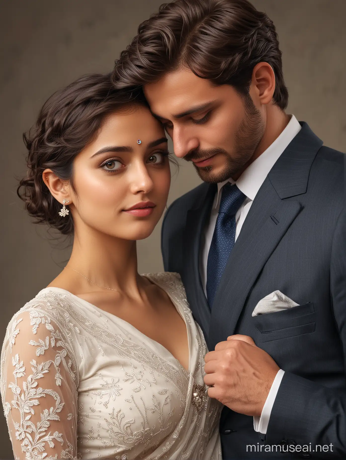 couple, most handsome full body photo of elegant white smart european male, short hair cut, wide big eyes, full face, formals with tie, elegant looks, beard, most beautiful cute indian girl, elegant saree, low cut back, full makeup, curly long hair, girl holding man from behind hands holding ,  head resting on man's chest with emotional reunited feeling, low cut back, man comforting girl,
photo realistic, 4k.