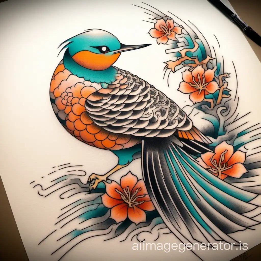 Japanese-Mythical-Bird-Tattoo-in-Fine-Line-Style-with-Orange-Teal-and-Grey-Colors