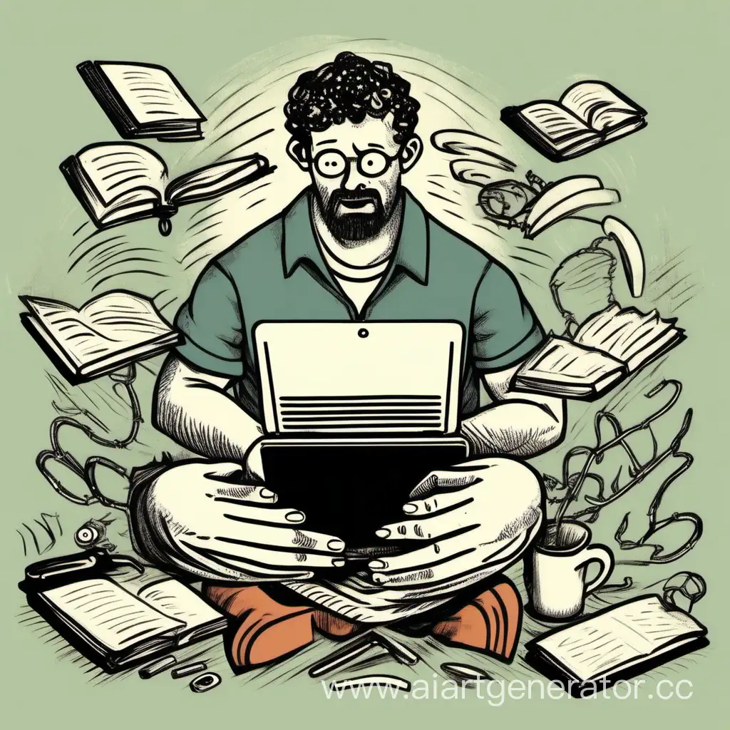 Нарисованный мужчина с множеством рук, который выполняет сразу множество дел: Держит телефон, печатает на ноутбуке, читает книгу и пишет ручкой в блокноте