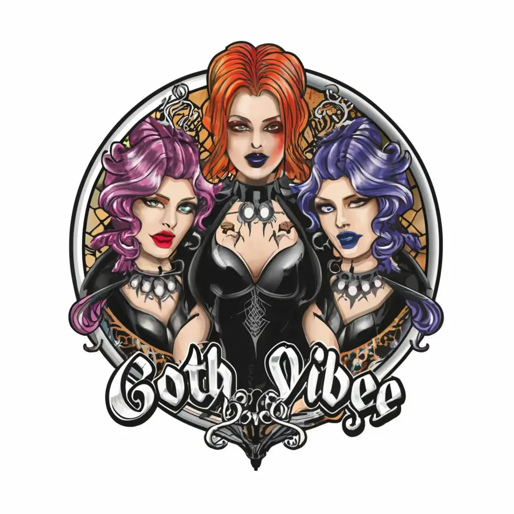 logo, logo vector, hyperdetailed airbrush full body portrait of a group of adult goth women each with different color hair and clothes, wearing  dark fantasy clothing, black dancing shoes, sneer, goth vibe, Contour, Vector, White Background, highly Detailed, sharp outlined image, no jagged edges, vibrant colors, typography, with the text ".", typography