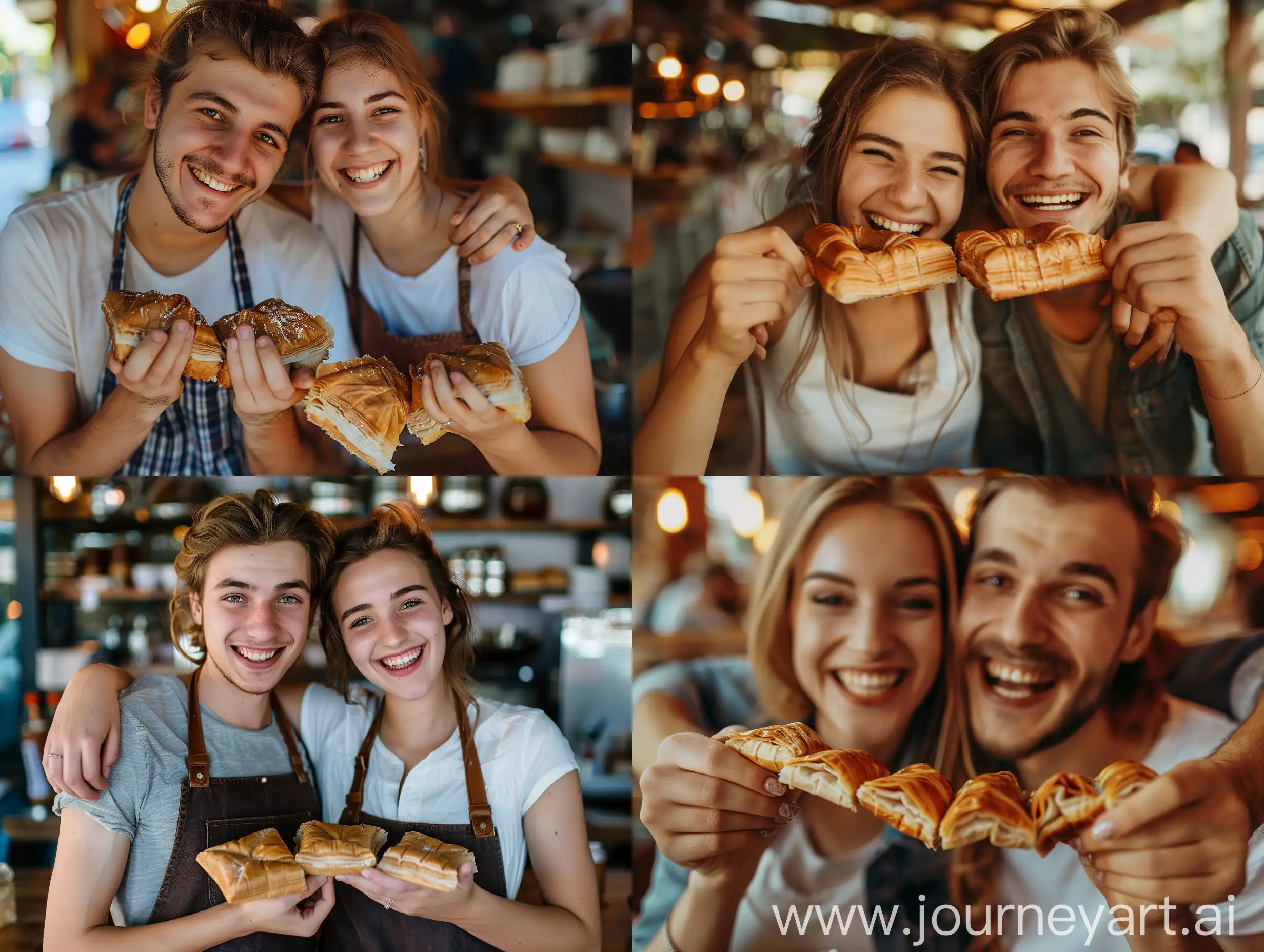 Happy smiling beautiful lovely young white woman 28 years old Romantic couple Toast with arms intertwined holding baklavas near the mouth ready to eat at the restaurant.