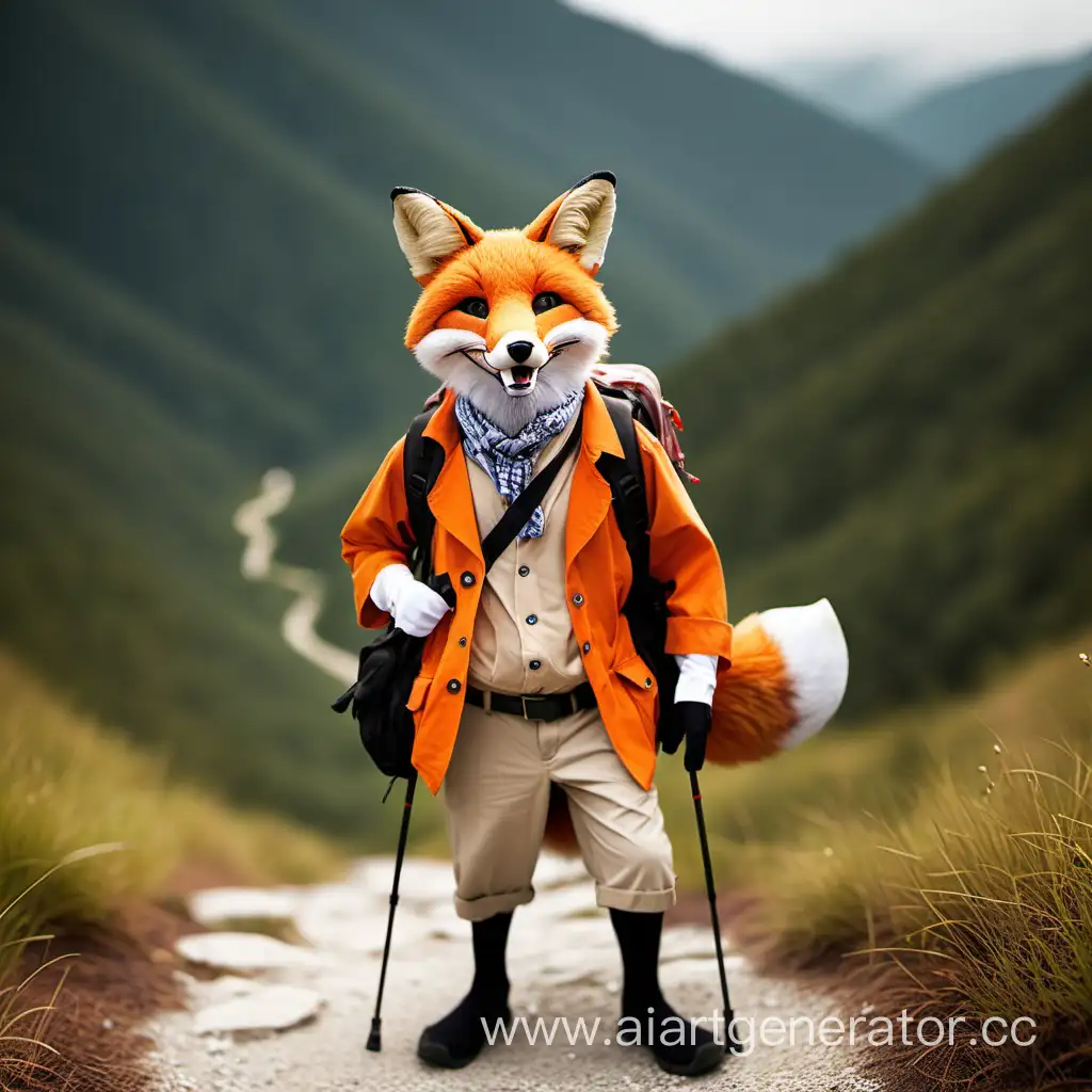 
A fox dressed as a tourist on a hike