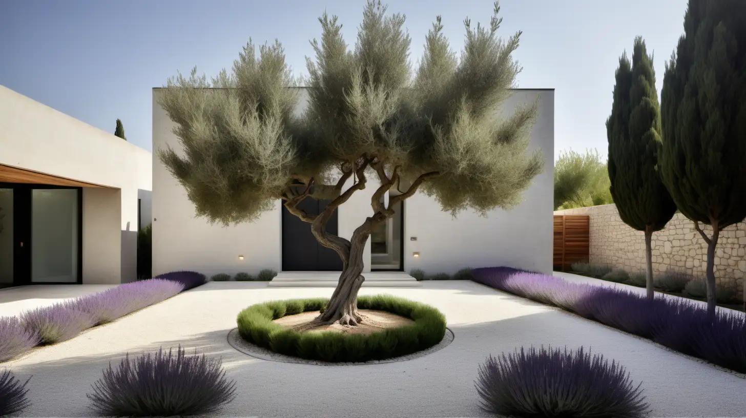 organic minimalist home large front  exterior yard with a single Olive tree planted in the centre, limestone paved floor, garden beds on the edges with lavender and rosemary bushed, 