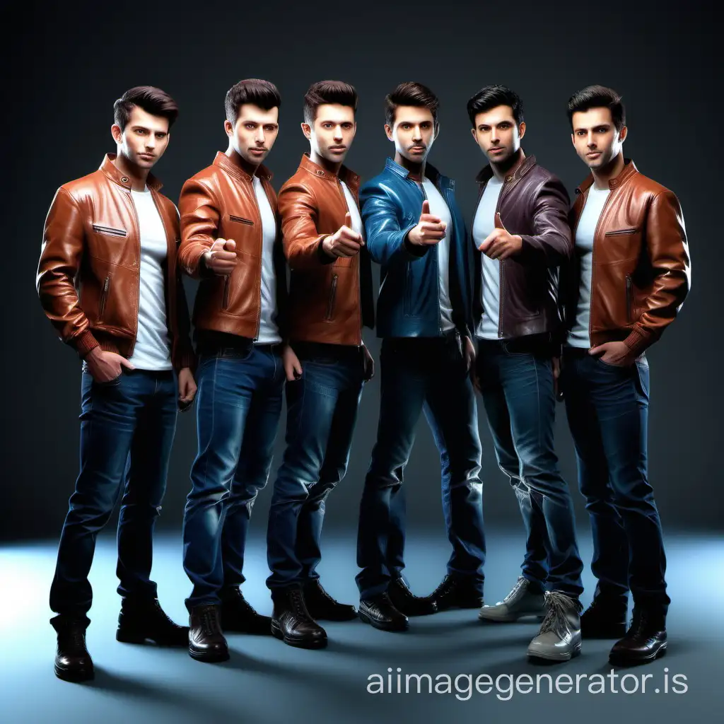 Create a group of 5 male friends giving a stylish pose to camera,. realistic and action , science fiction movie theme, high clarity.