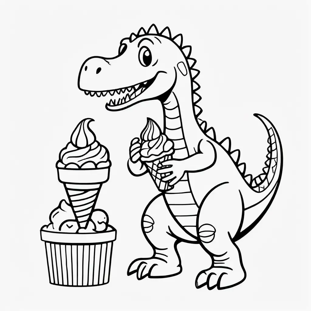  b/w outline art for kids coloring book page friendly dinosaur character doing typical human activities-themed, coloring pages Spinosaurus eating ice cream (((((white background))))). Only use outline, cartoon style, line art, coloring book, clean line art, sketch style, line art