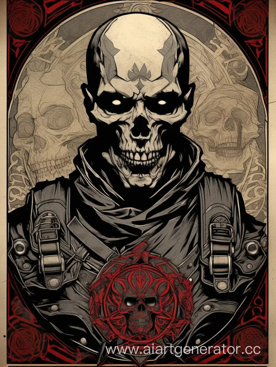 Furious-Astecan-Soldier-with-Asymmetrical-Skull-Face-Alphonse-MuchaInspired-Poster-on-Textured-Paper