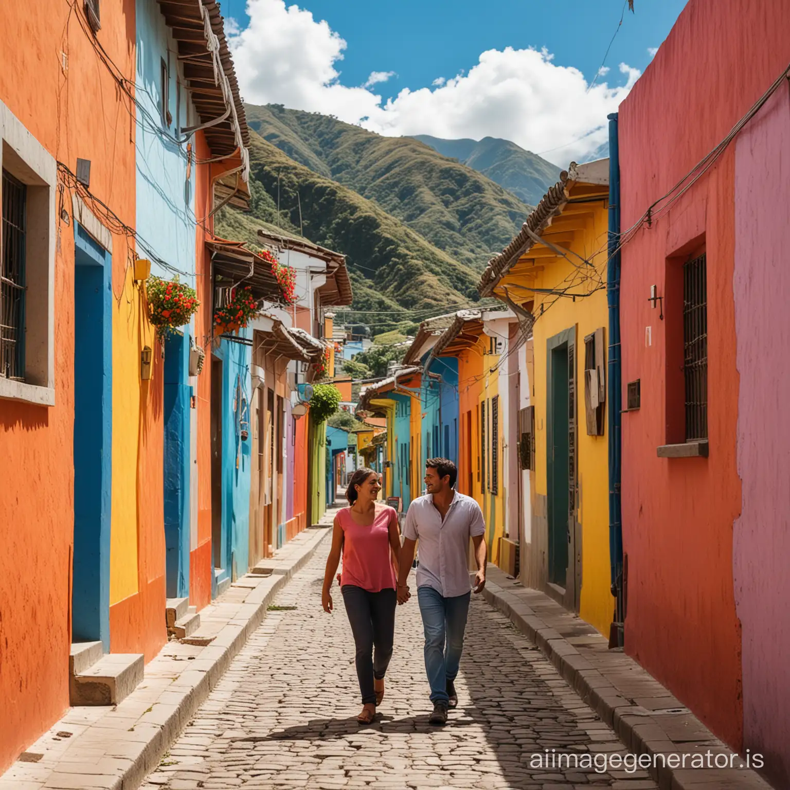 a couple walking in a very lively and colorful alley of a small village in Ecuador