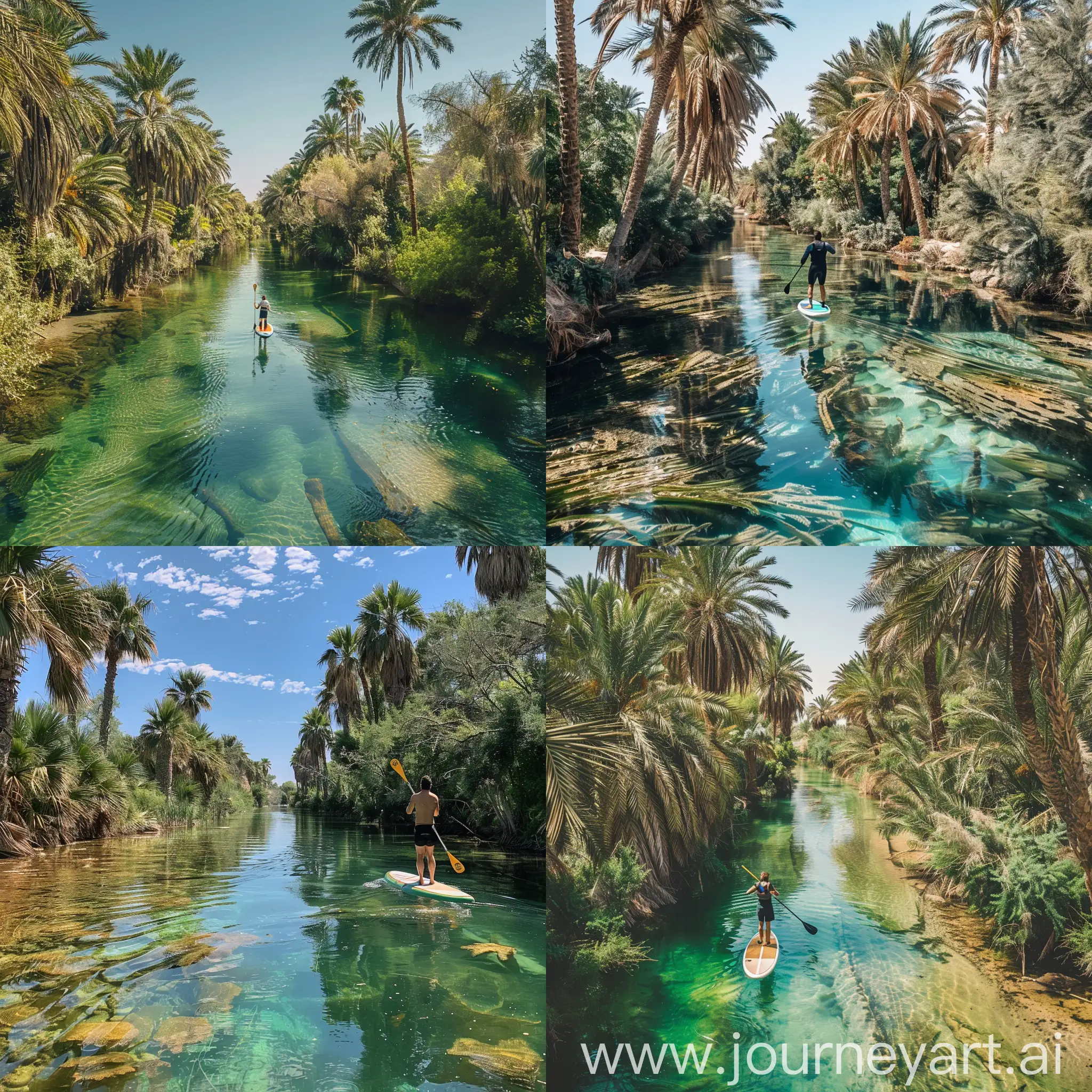 Paddleboarding-Adventure-Tranquil-River-Amidst-Palm-Trees