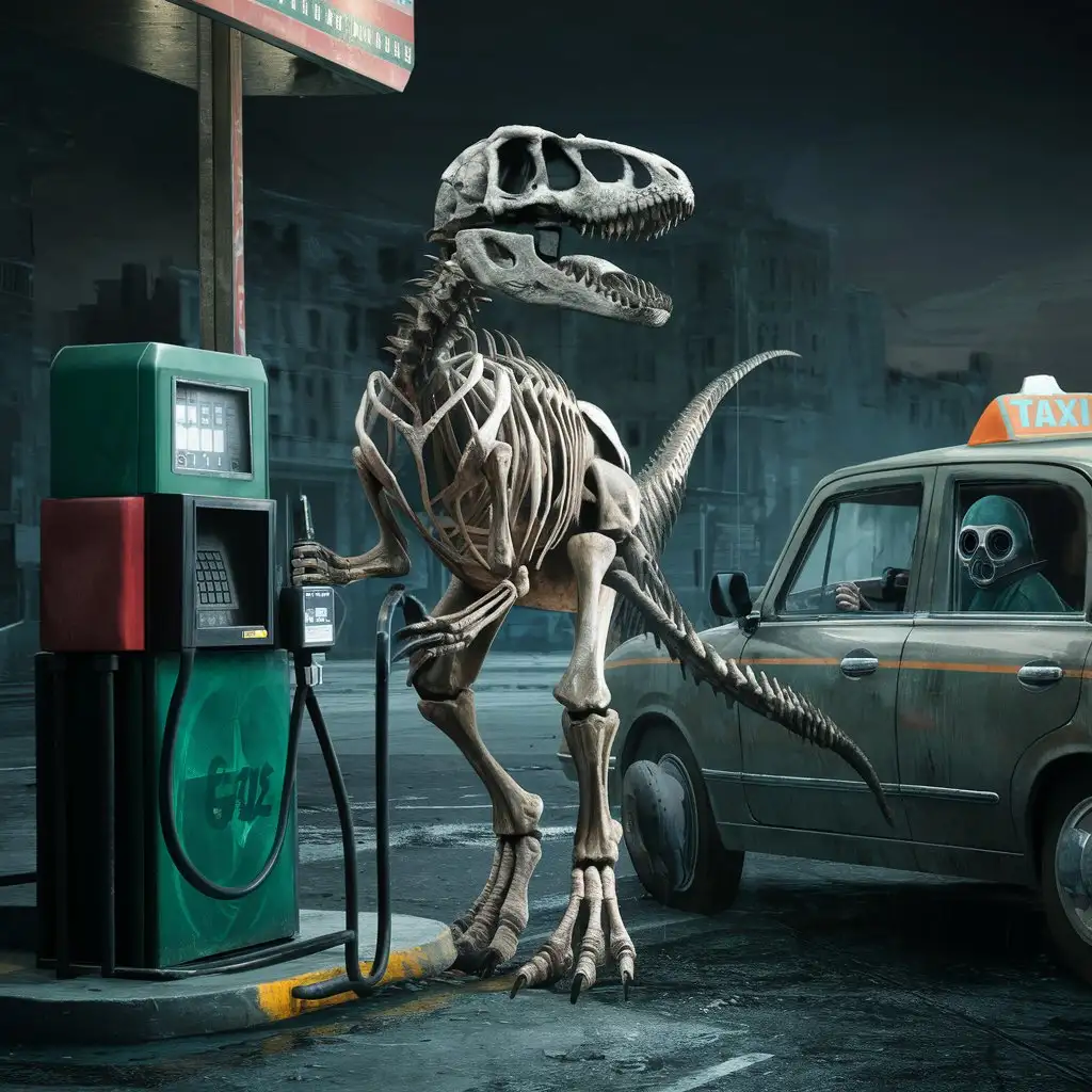 The skeleton of a Raptor at a gas station pumping gas into a Taxi in a run down area of the city