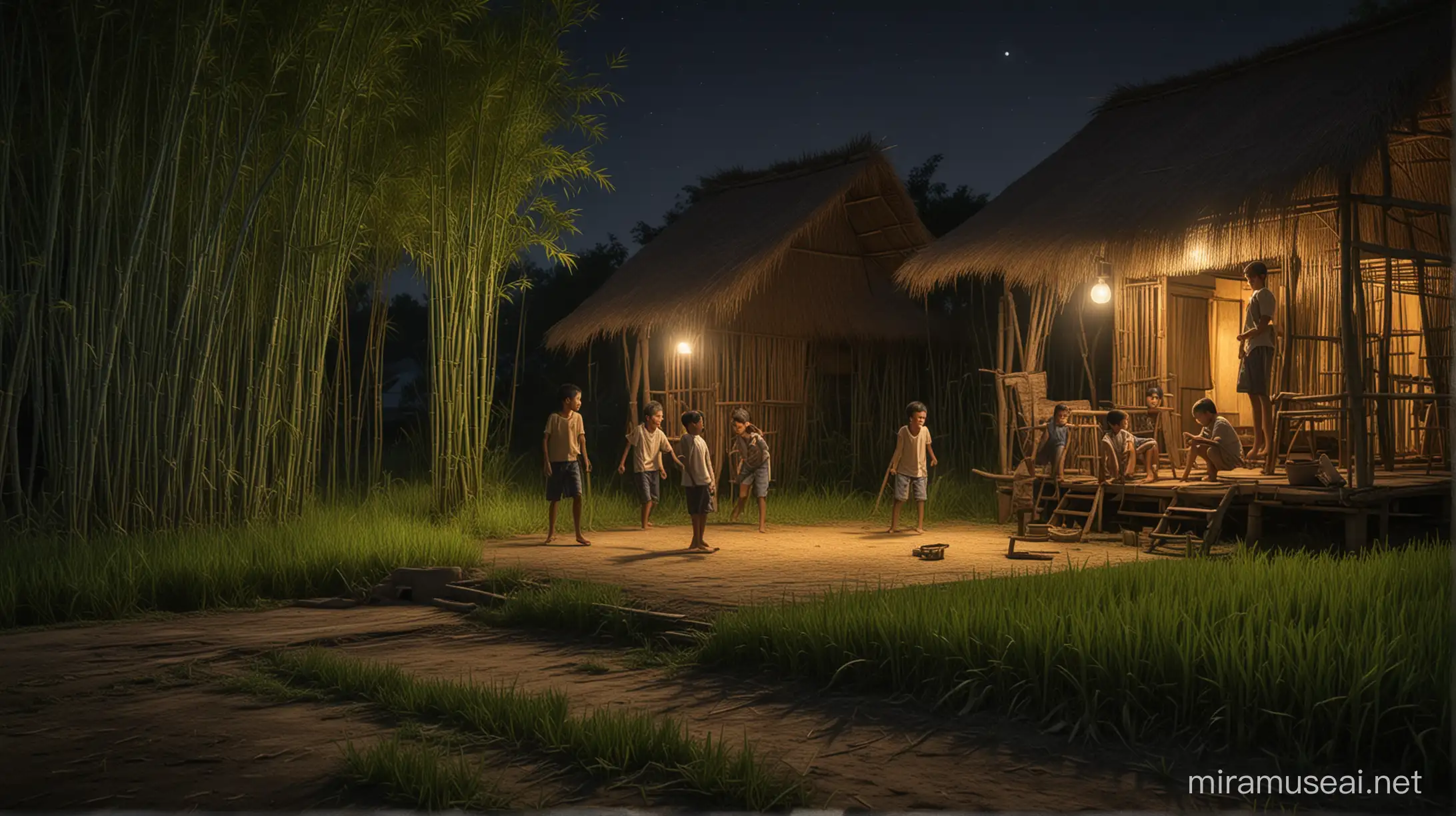 Village Children Playing under Moonlight Realistic HDR Scene