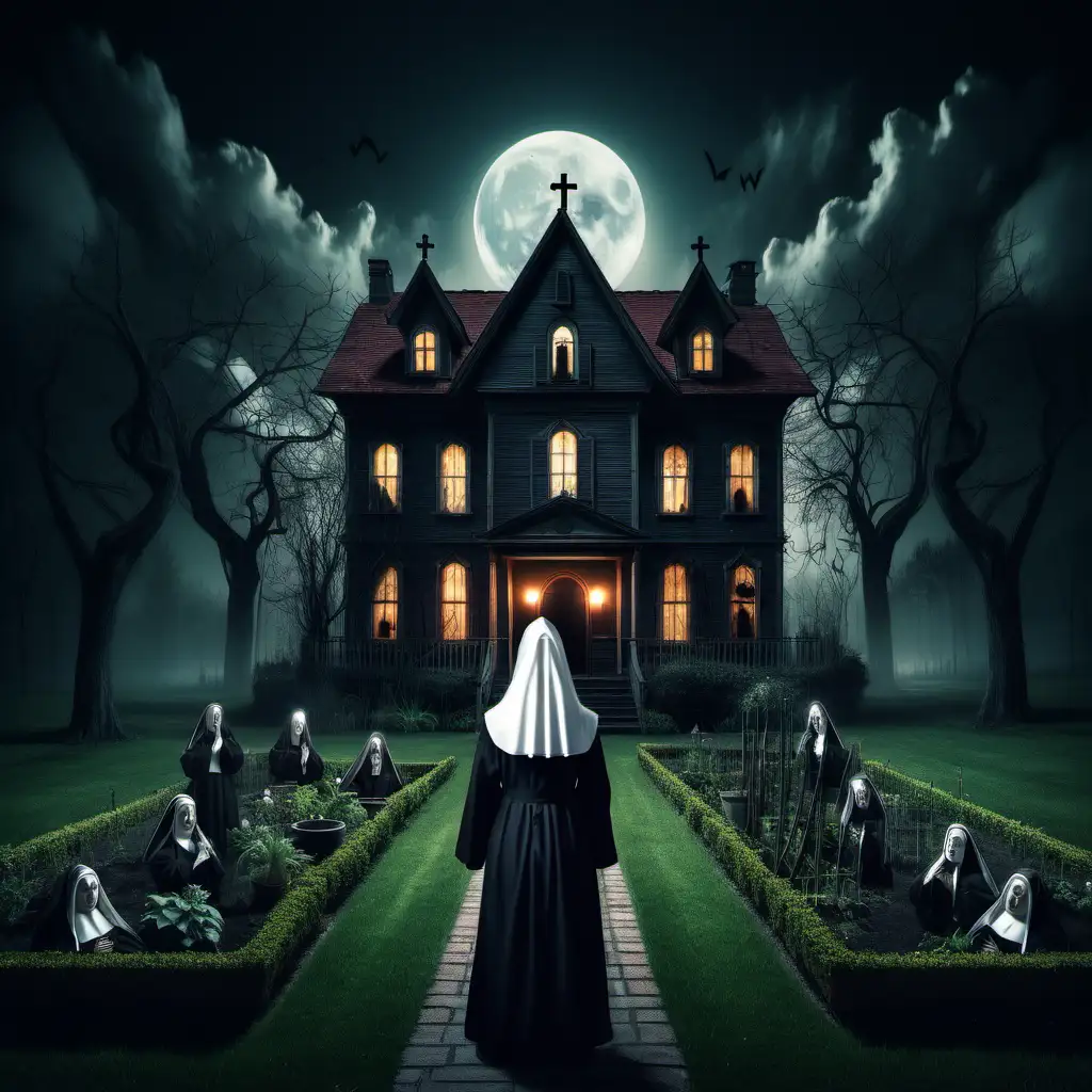 Eerie Night Scene Haunted House with Mysterious Nun in Garden | MUSE AI