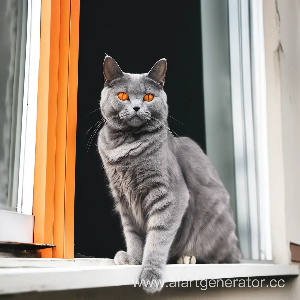 серый кот с оранжевыми глазами с мускулами сильный сидит на подоконнике