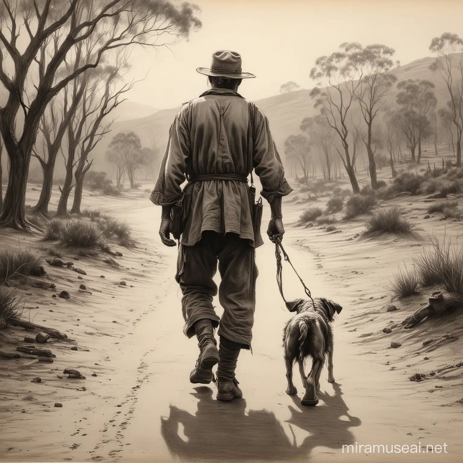 charcoal drawing of australian swagman with dog walking away