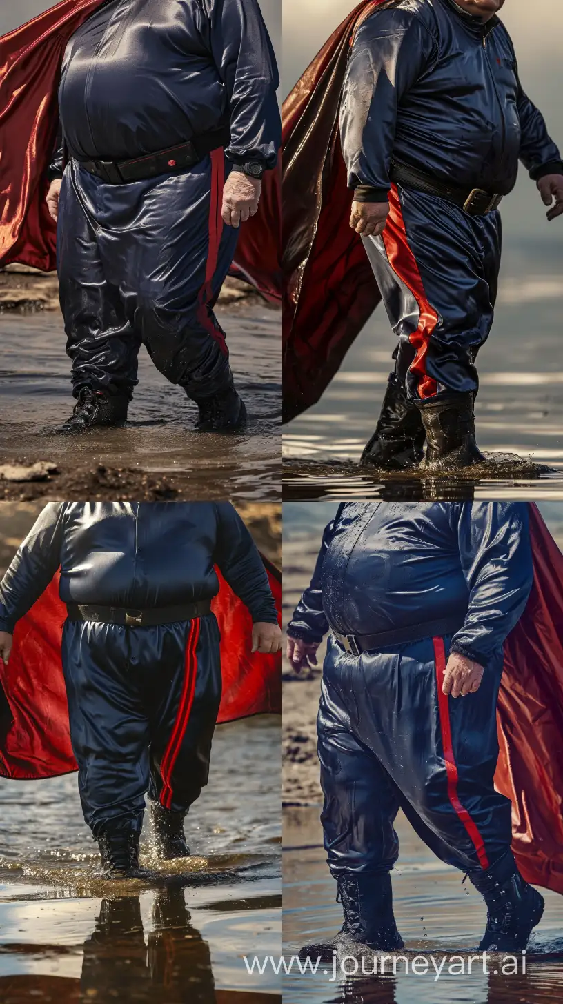 Elderly-Adventurer-in-Stylish-Navy-Tracksuit-and-Red-Cape-Walking-in-Water
