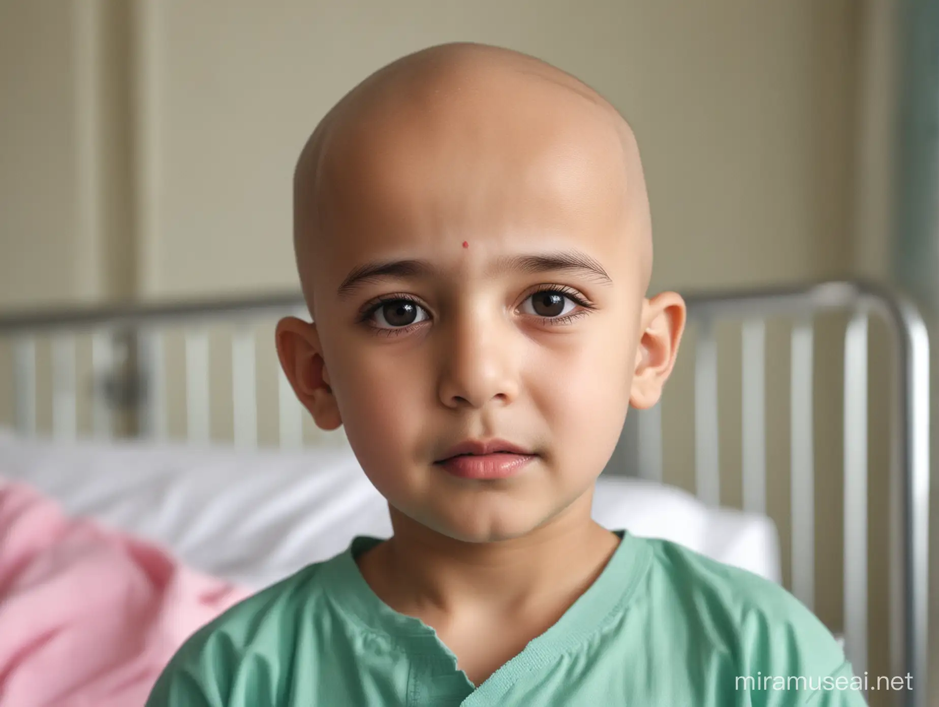 bald pakistani cute child recovering from cancer, out of focus background of hospital, ultra high detail