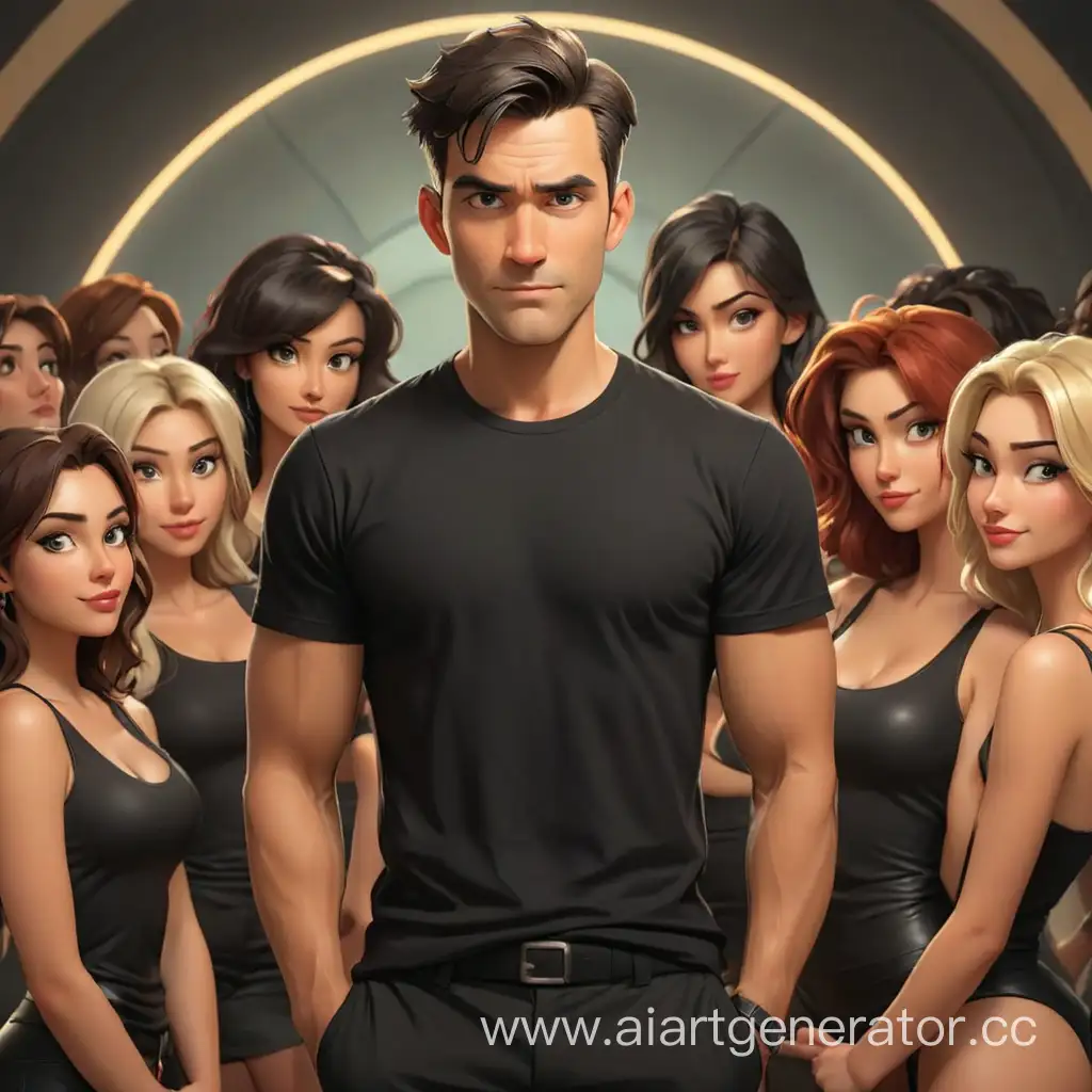 мультяшный мужчина в черной футболке стоит в кругу сексуальных женщин 